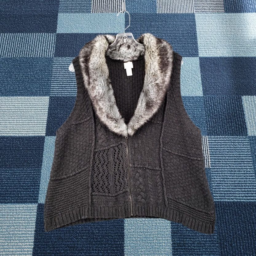 Vintage Chicos Sweater Vest Womens Large Gray Arya Faux Fur Collar Sleeveless Knit Size L / US 10 / IT 46 - 1 Thumbnail