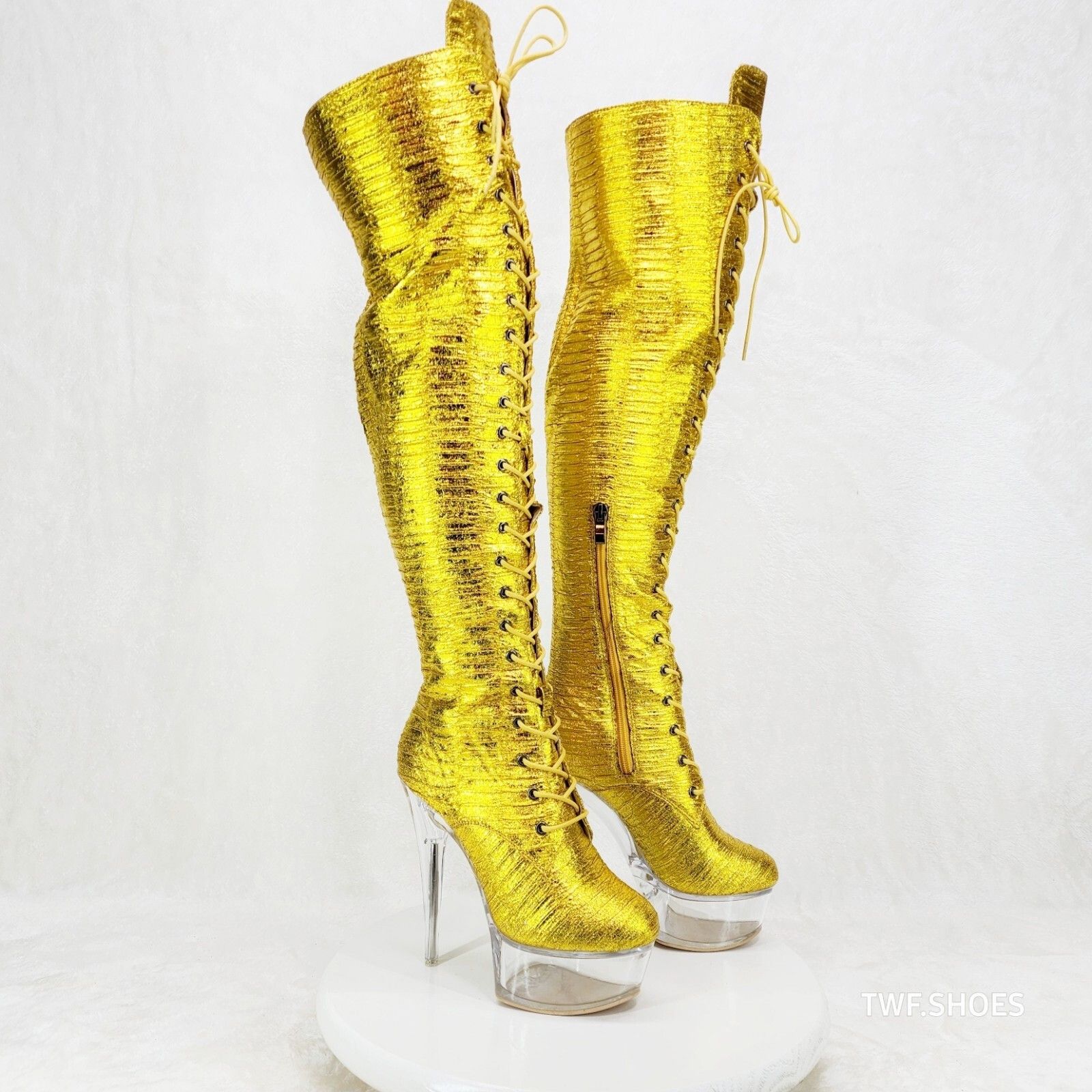 Other Bulls Metallic Yellow Gold OTK Clear Platform High Heel Thig Size US 8.5 / IT 38.5 - 3 Thumbnail