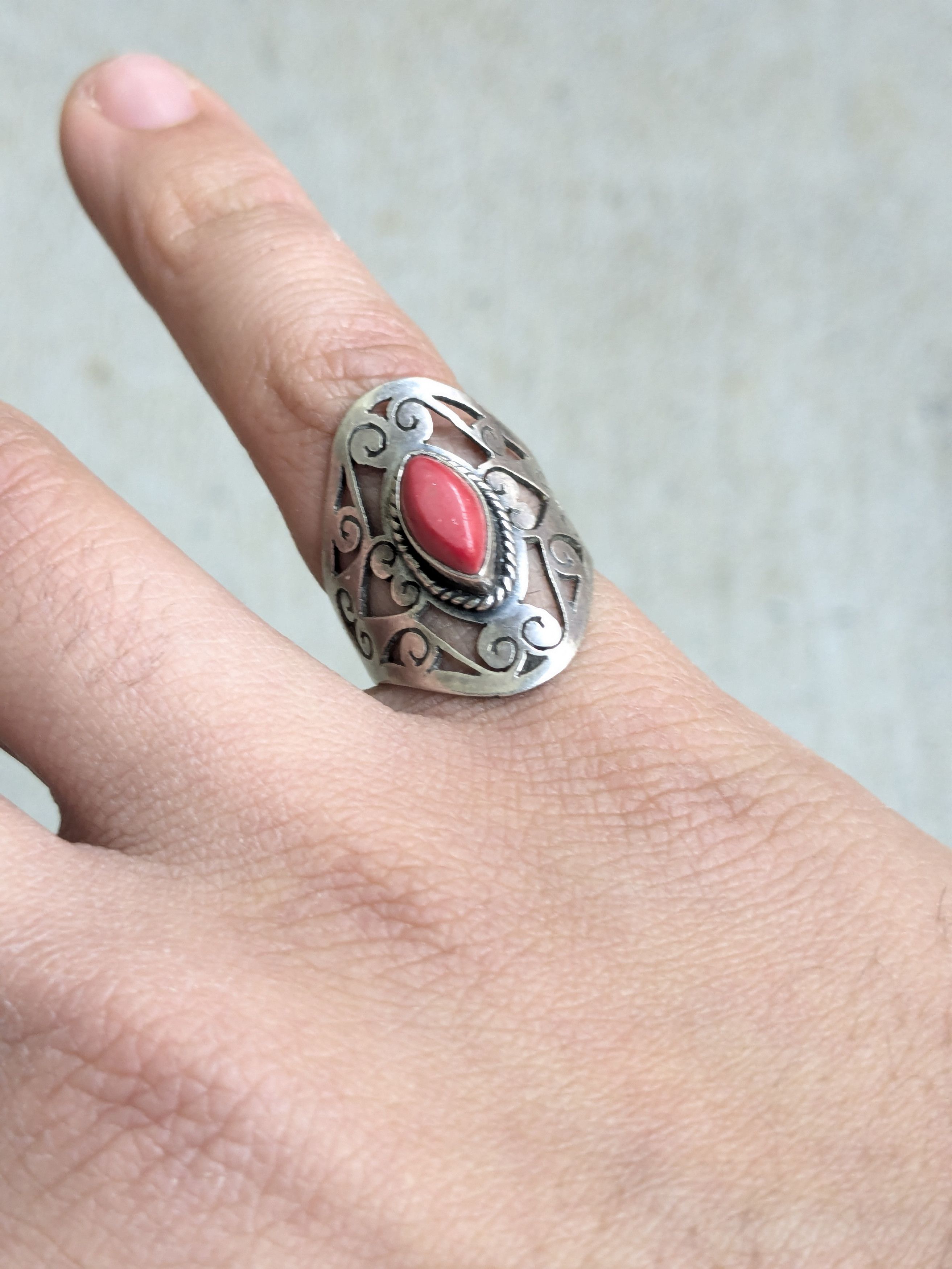 Jewelry × Sterling Silver Vintage Sterling Silver Ring 7.5 Red Coral Marquise Size ONE SIZE - 8 Thumbnail
