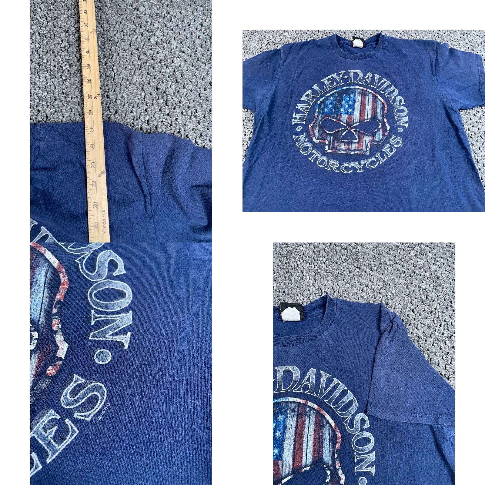 Harley Davidson VINTAGE Harley-Davidson Detroit Michigan T-Shirt Adult Large Dark Blue Skull USA Flag - Men’s L Shirt Graphic Print 2019 Newsprint Theme Size US L / EU 52-54 / 3 - 8 Thumbnail