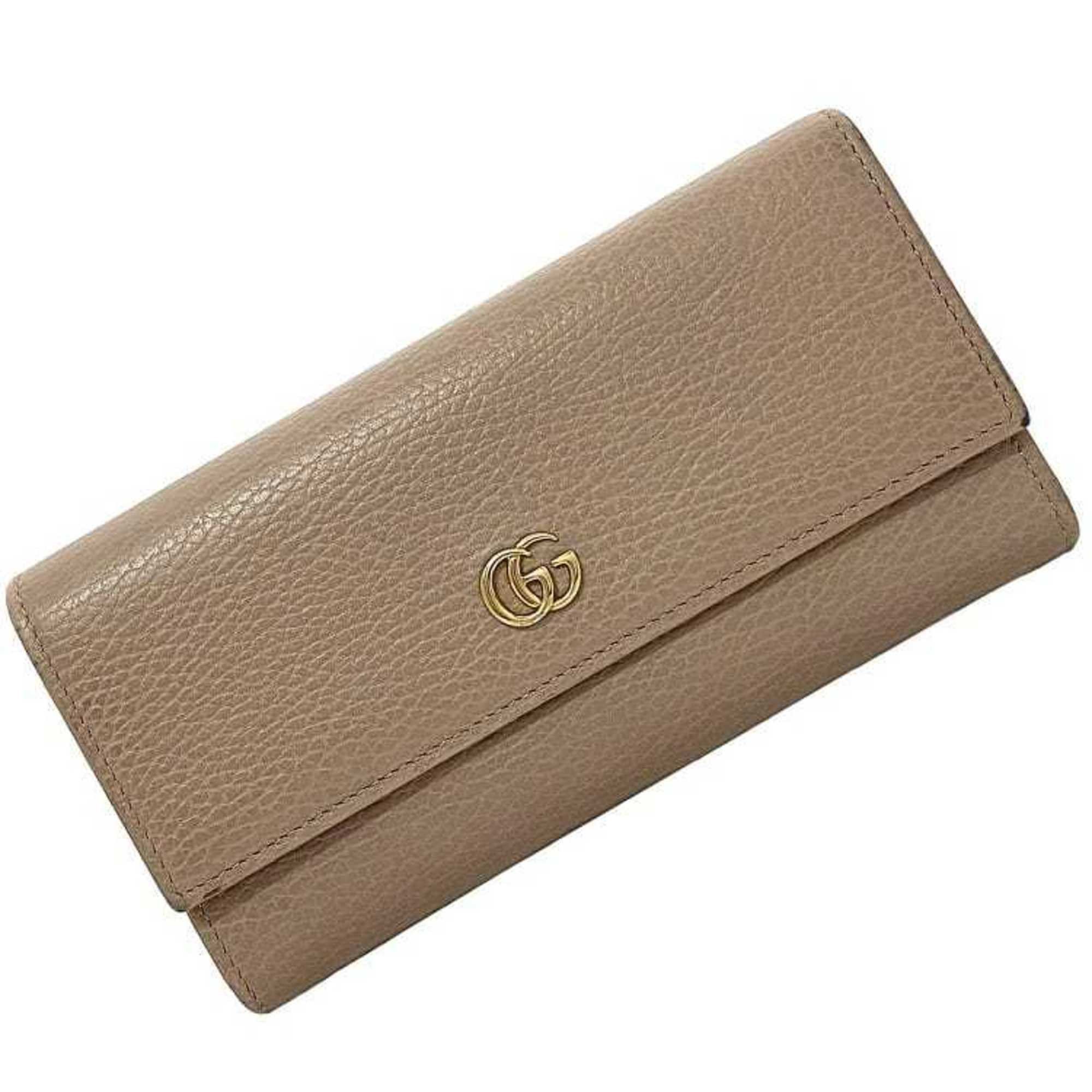 image of Gucci Folio Long Wallet Pink Beige GG Marmont 456116 Purse Leather Metal Petit Continental Grained 