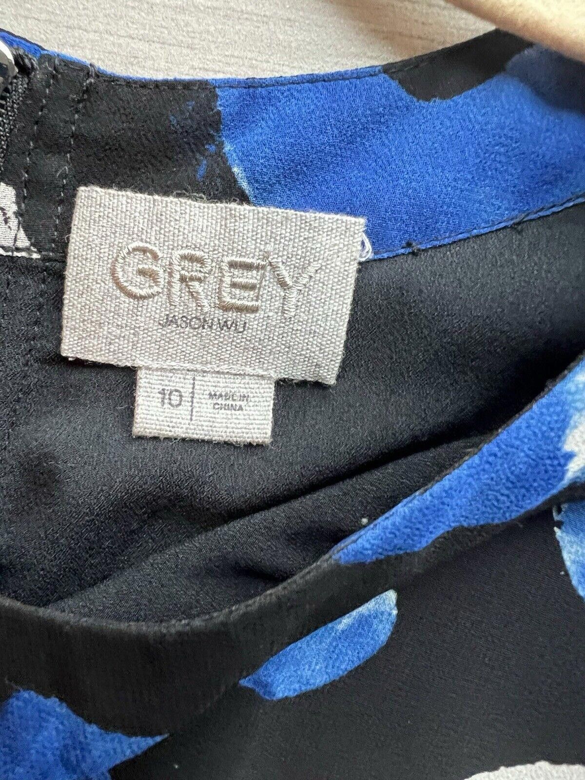 Designer GREY JASON WU Blue Black White Abstract Chiffon Dress Size L / US 10 / IT 46 - 6 Thumbnail
