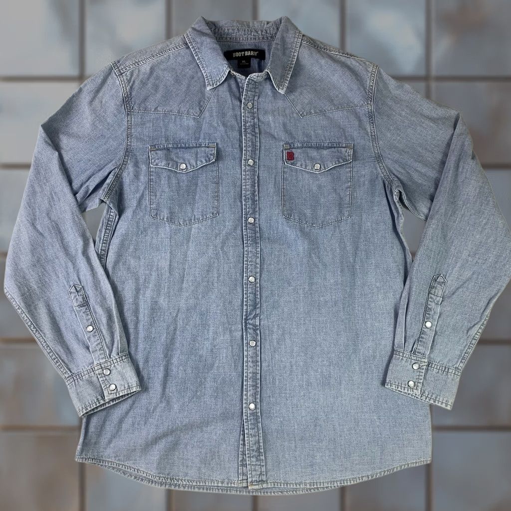 Vintage Boot Barn Western Blue Denim Shirt Mens XL Pearl Snap Cowboy Button-Up Long Sleeve Collared Blue Denim Regular Fit Pockets Embroidered Size US XL / EU 56 / 4 - 1 Thumbnail
