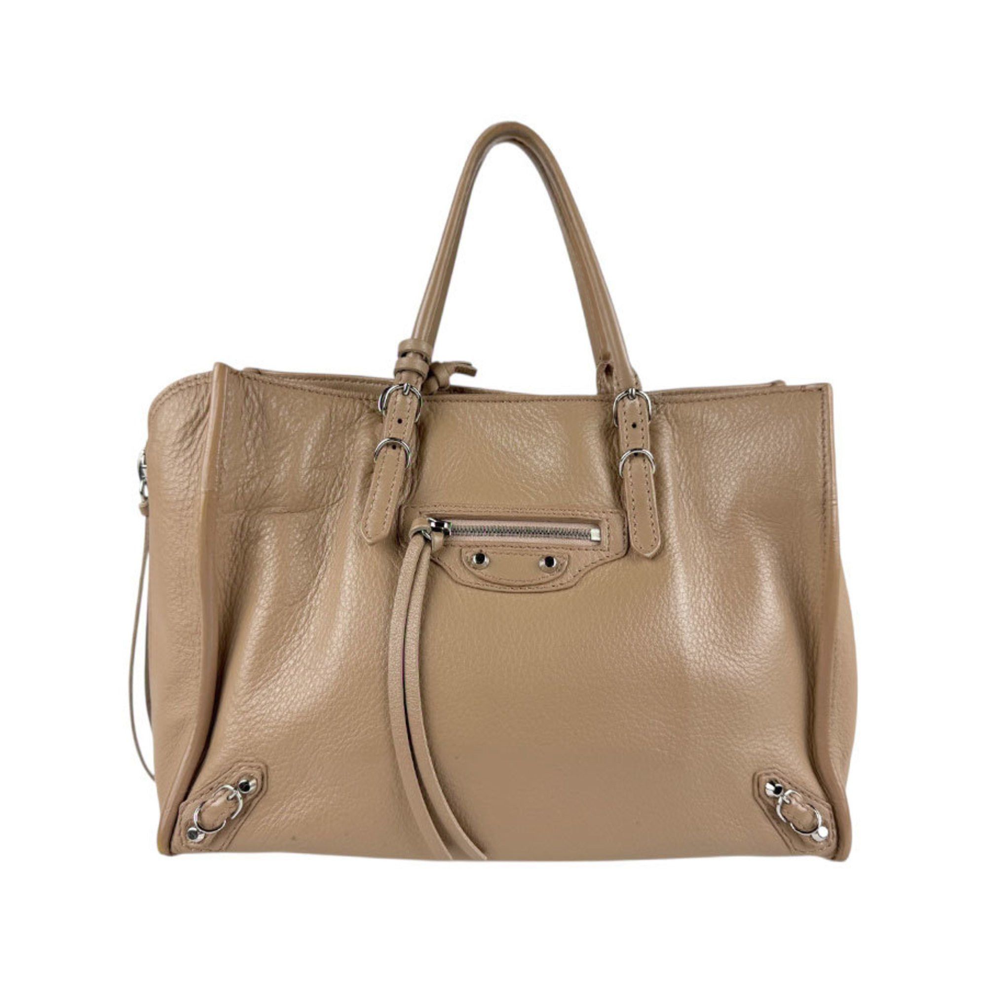 Balenciaga Handbag Shoulder Bag Paper A6 Leather Beige Brown Silver Women's Z5142
