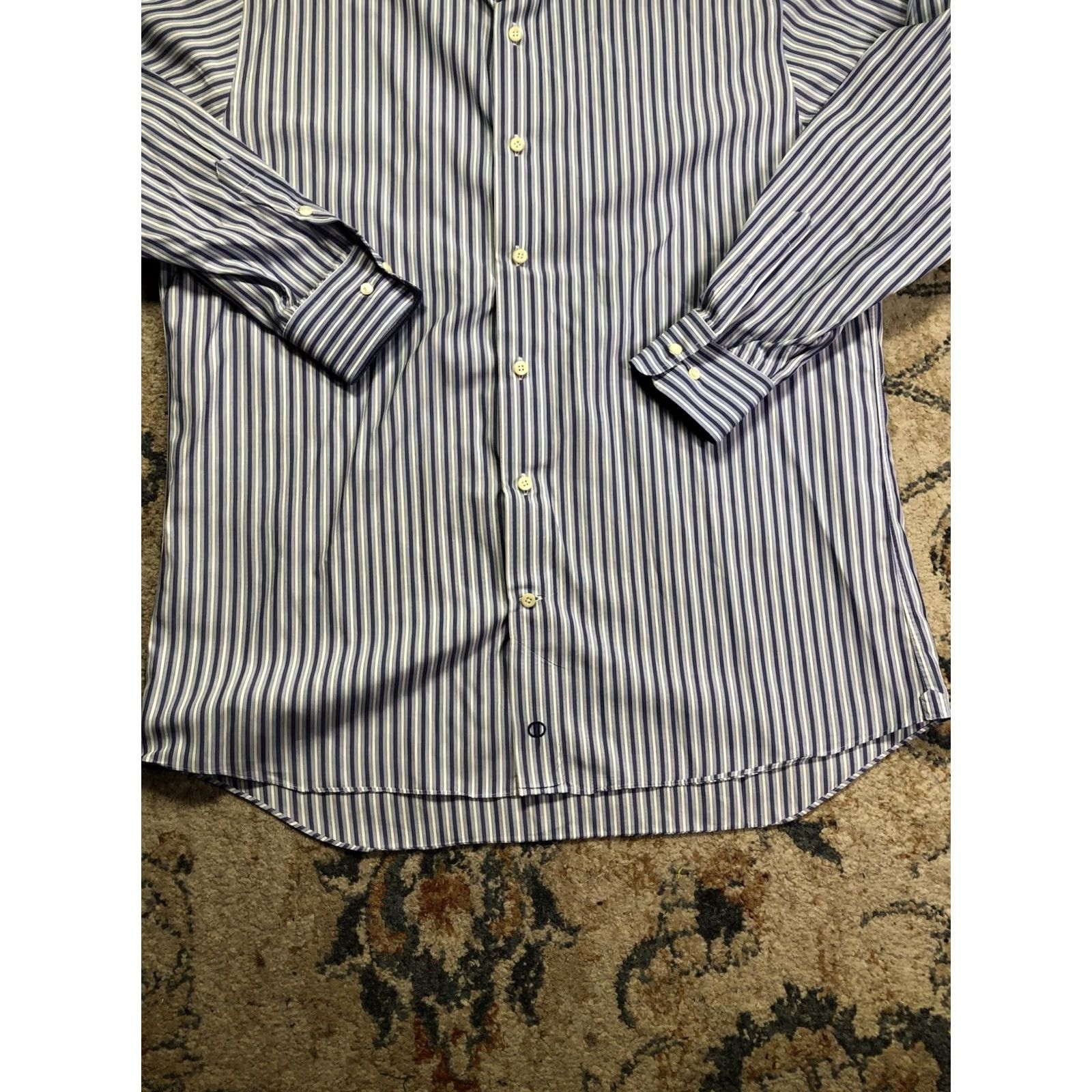 David Donahue David Donahue Dress Shirt Mens 16.5 32/33 Blue Stripe Long Sleeve Regular Fit Size 46R - 5 Thumbnail