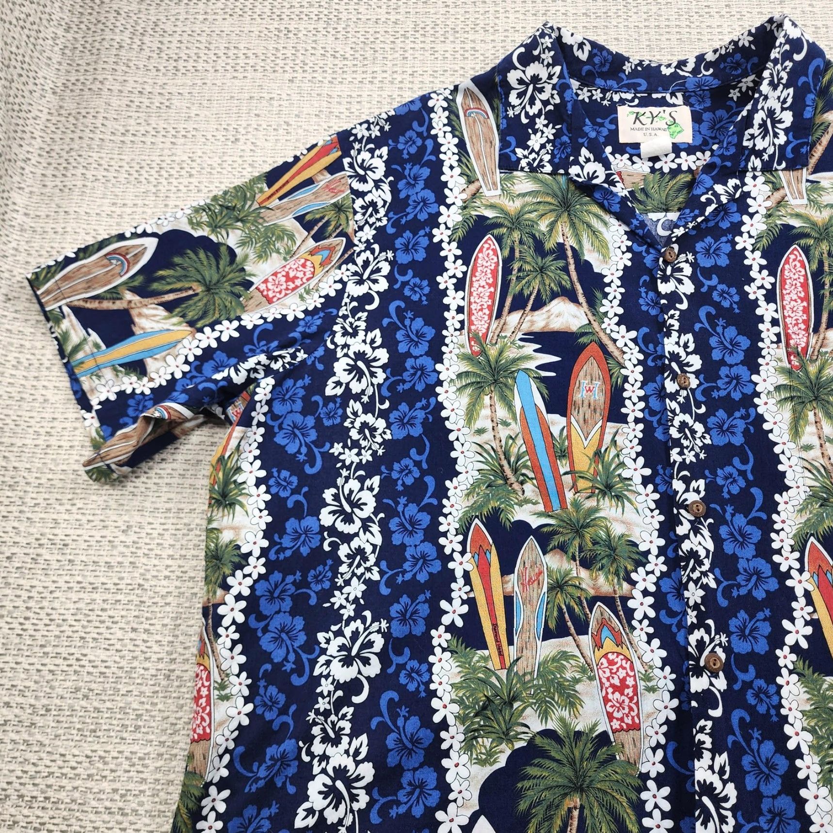 Vintage VINTAGE KY'S Hawaiian Aloha Shirt Mens 3XL Blue Surfboard Palm Hibiscus Made in Hawaii Size US XXL / EU 58 / 5 - 3 Thumbnail