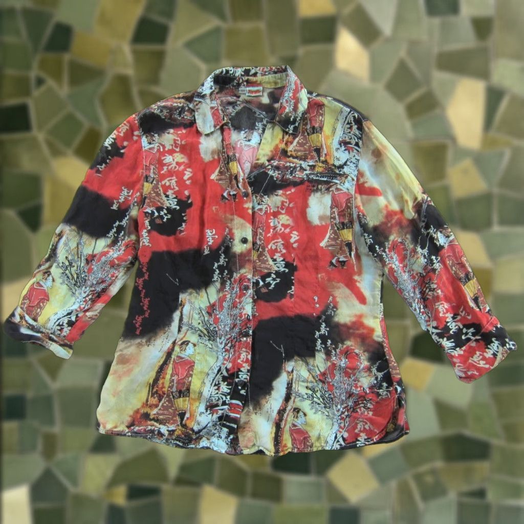 Vintage Tianello Rayon Red Blue Green Asian Button Down Collared 3/4 Sleeve Blouse XS Size XS / US 0-2 / IT 36-38 - 1 Thumbnail