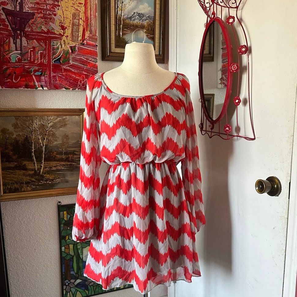 Other speechless red gray zigzag long sleeve mini dress Size S / US 4 / IT 40 - 1 Thumbnail
