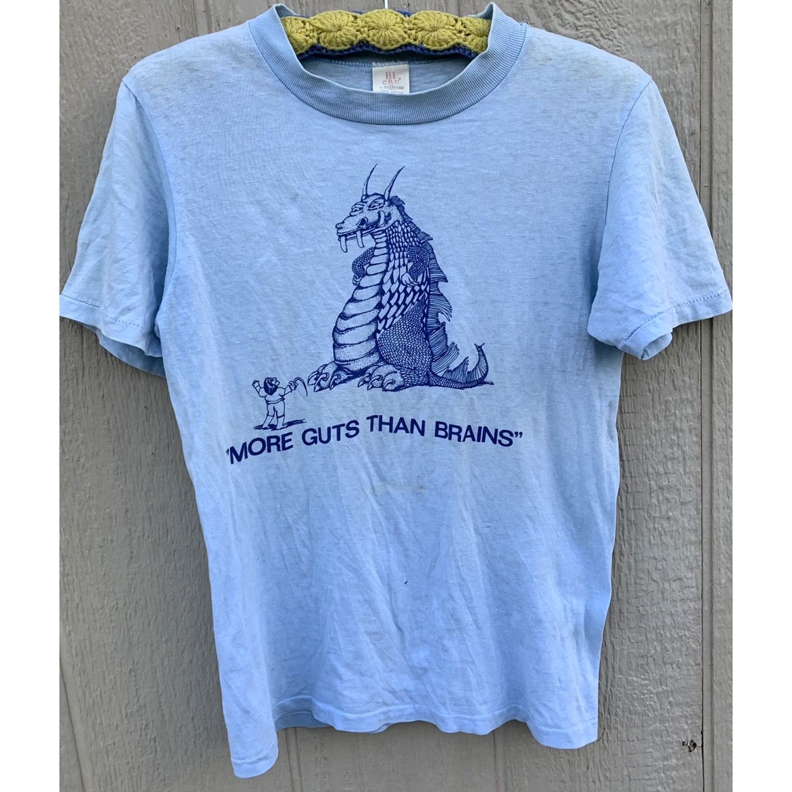 Vintage VINTAGE Stedman T-Shirt Dragon Knight MORE GUTS THAN BRAINS 70s 1970s Crew Neck Short Sleeve Blue Size S Men Size US S / EU 44-46 / 1 - 3 Thumbnail
