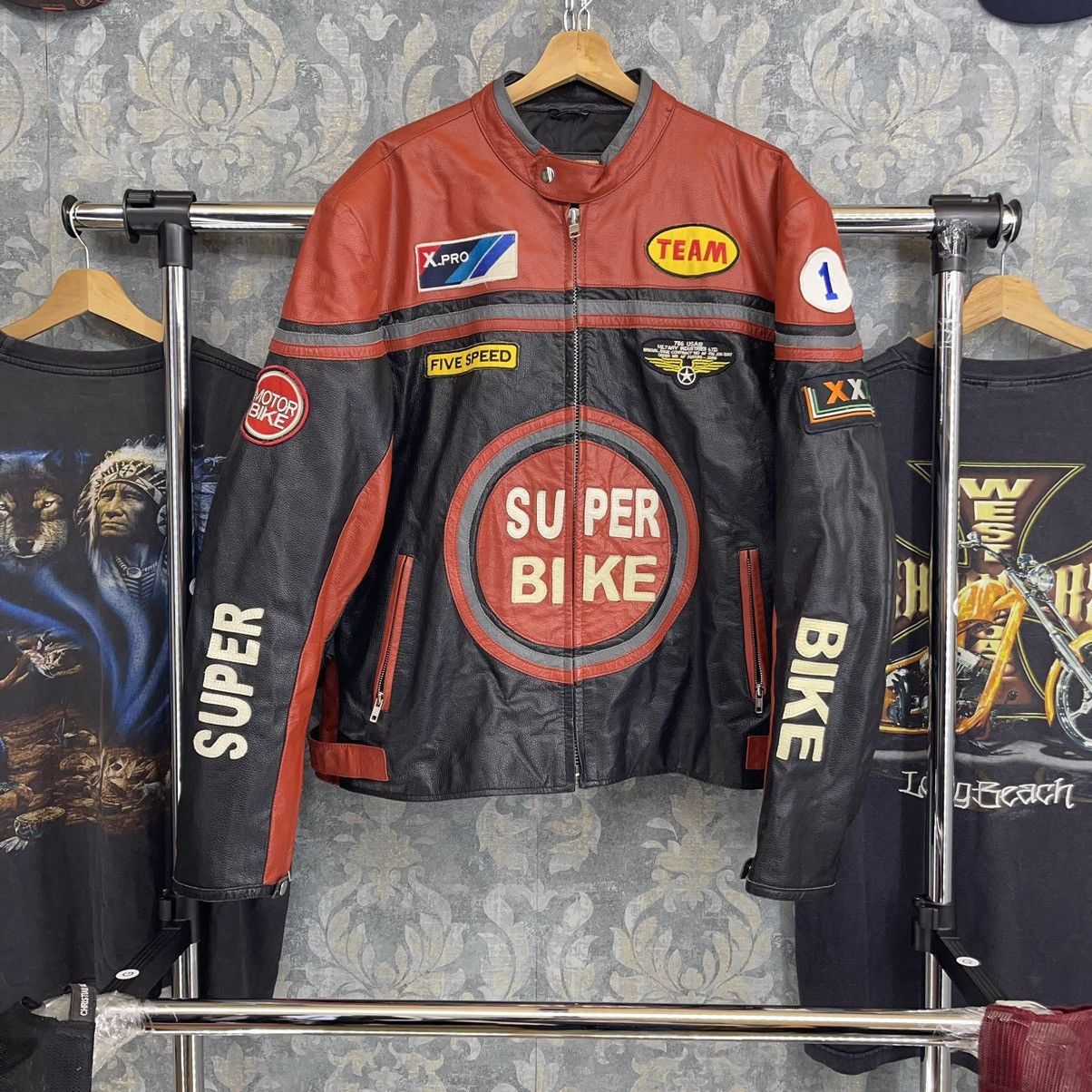 Image of Leather Jacket x Vintage Y2K Racing Jacket "super Bike" in Black Red, Men's (Size 2XL)