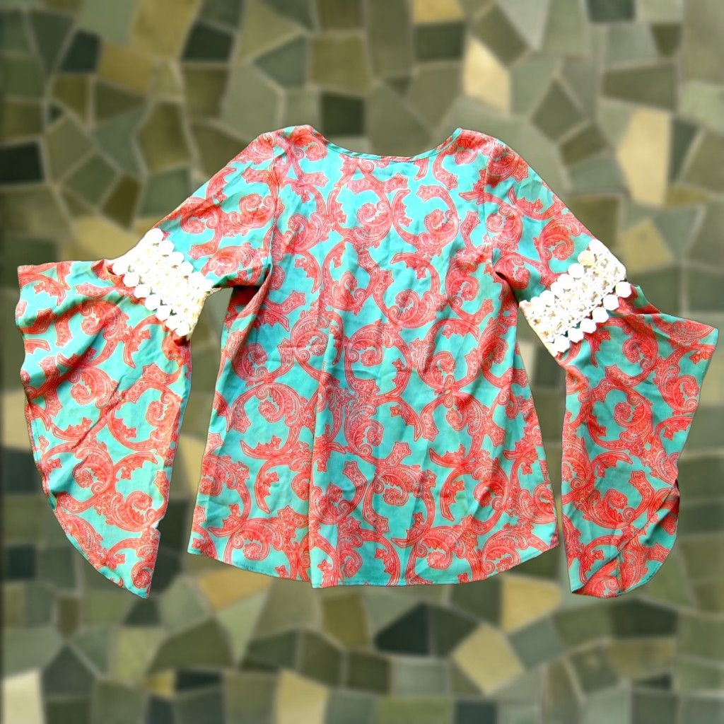 Altea Voom Blouse Shirt Womens Tunic Paisley Floral Long Flare Sleeve Teal Orange Large Size L / US 10 / IT 46 - 1 Thumbnail