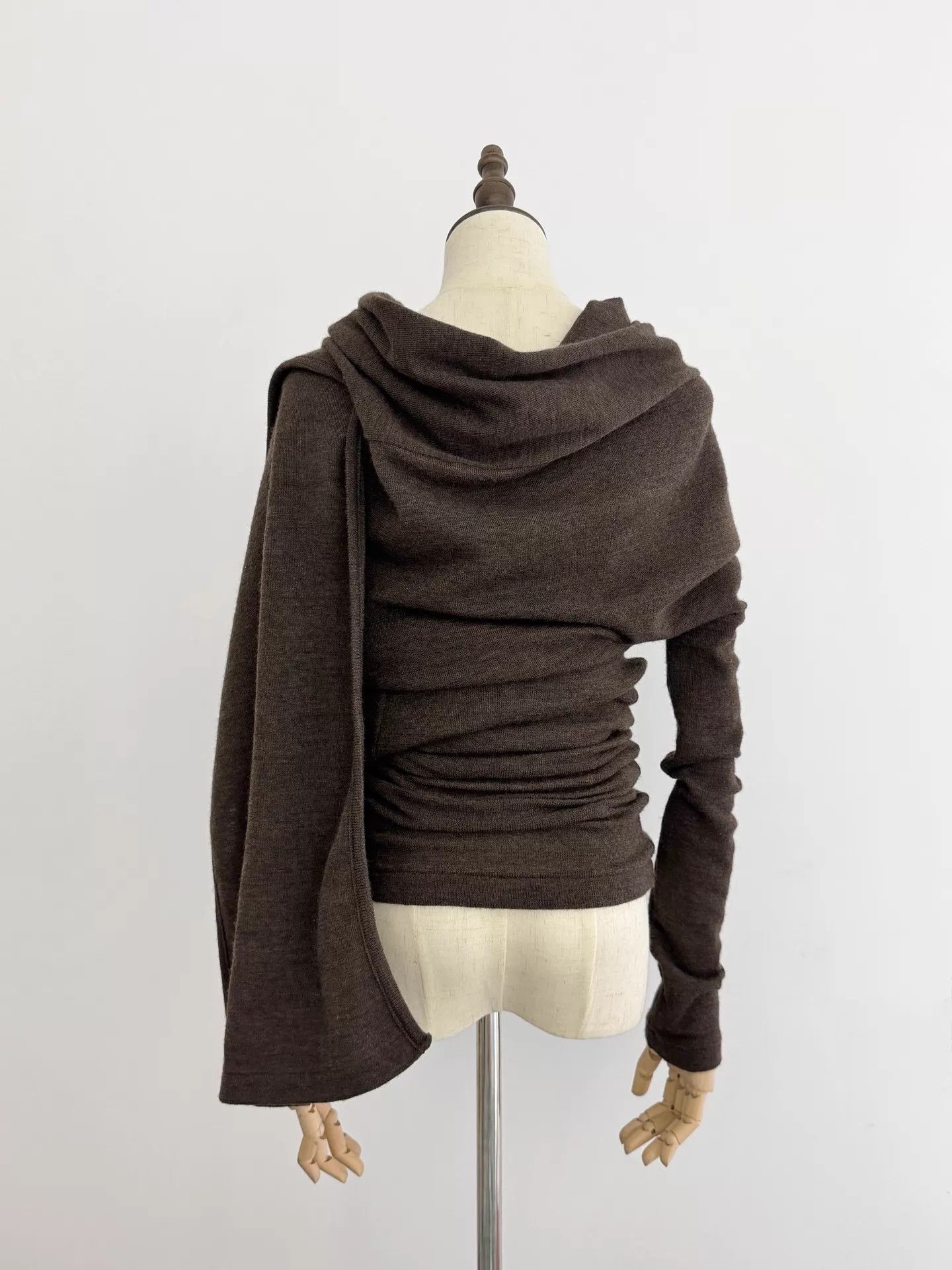 Y's Y's Chocolate Brown Irregular Two-Way Wool Top Size L / US 10 / IT 46 - 8 Thumbnail