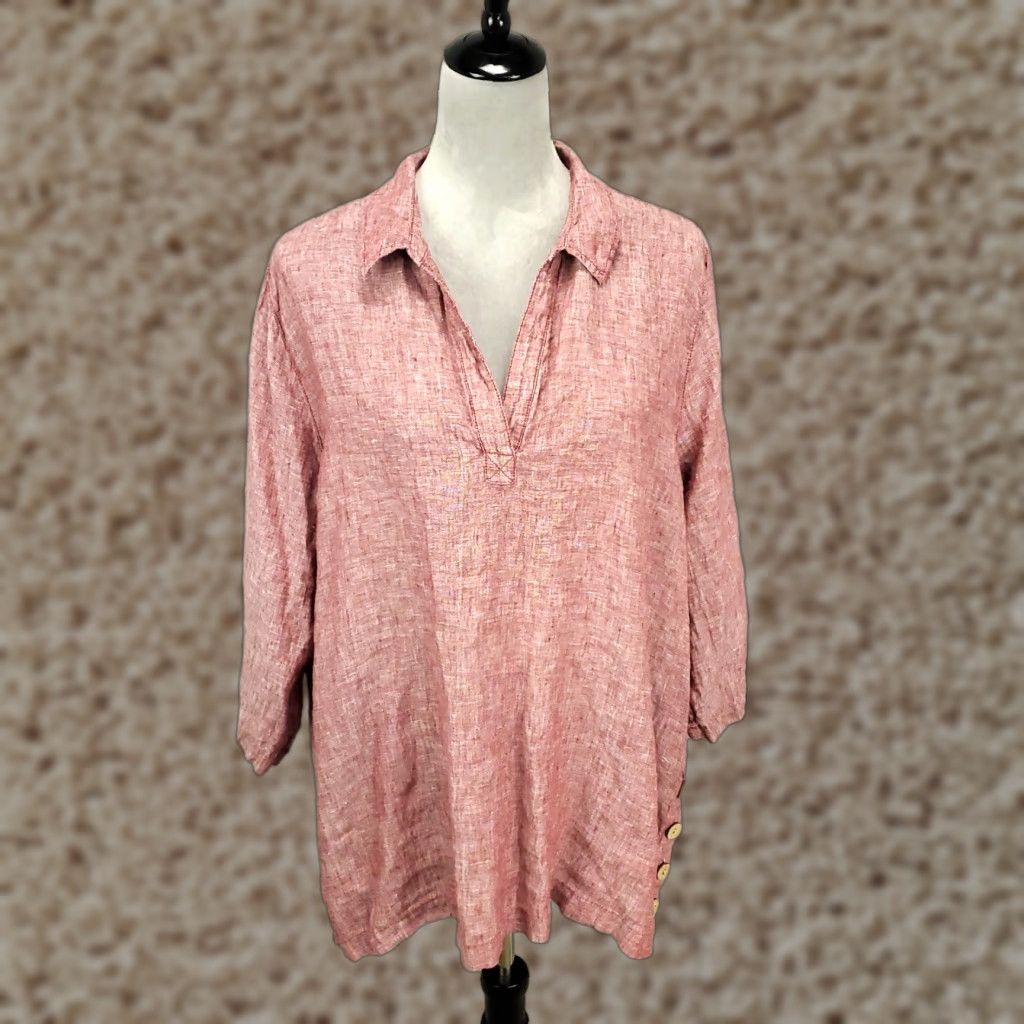 Pinko Sigrid Olsen 1X Pink Linen Blouse Casual Tunic 3/4 Sleeve Collared Button Accent Womens Size XL / US 12-14 / IT 48-50 - 1 Thumbnail