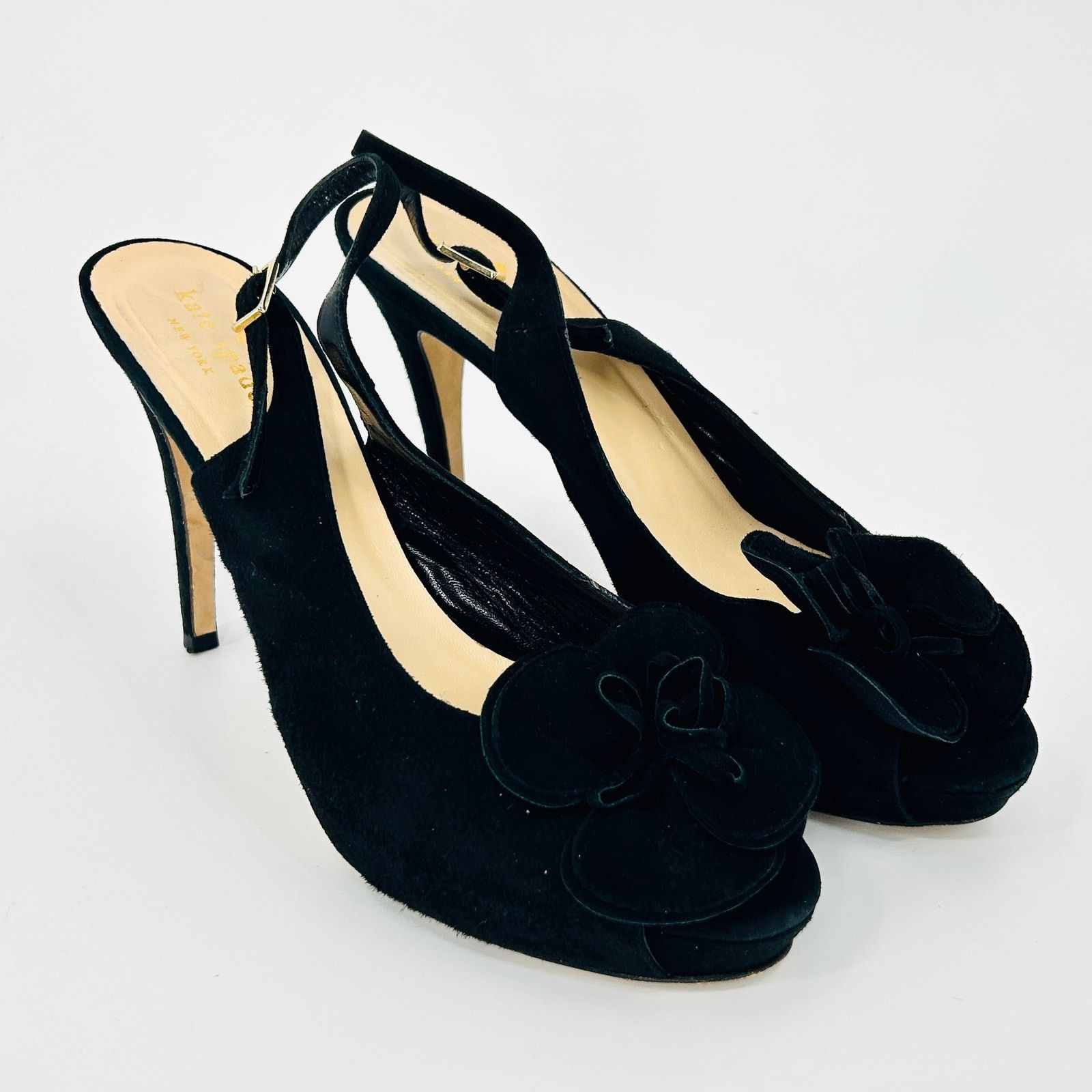Kate Spade Black Genuine Suede Leather Rosette Platform Slingback Heels Size US 9 / IT 39 - 1 Thumbnail