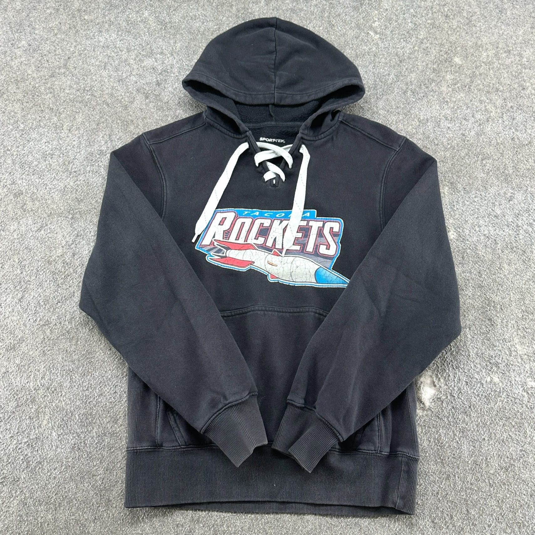 Vintage SPORT-TEK Hoodie Mens XS Black Pullover Cotton Drawstring Sport Tex Tacoma Rockets Dye Fade Spot Sleeve Size US XS / EU 42 / 0 - 2 Thumbnail