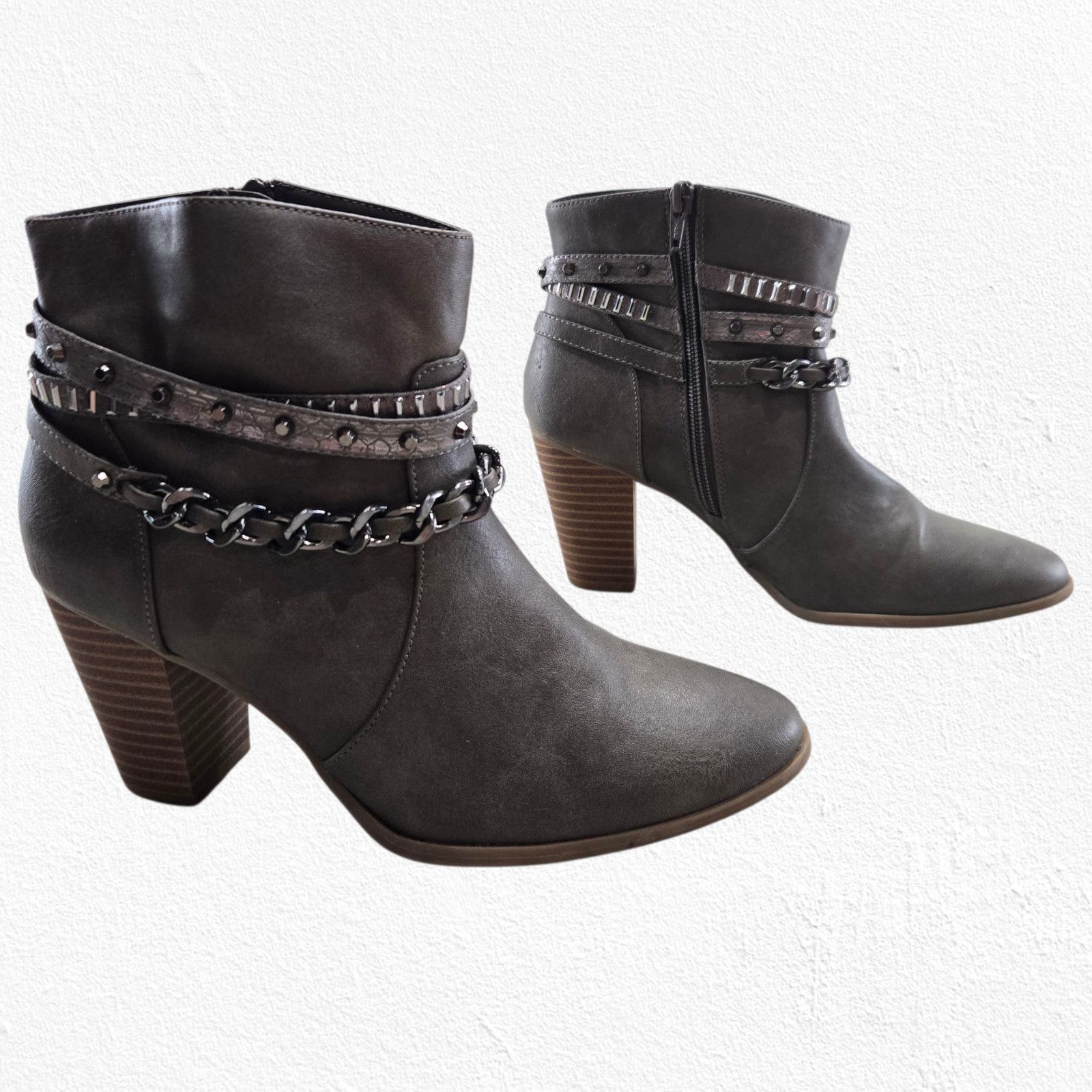Jennifer Lopez Taupe Studded Chain Block Heel Ankle Boots 7.5 Size US 7.5 / IT 37.5 - 9 Thumbnail