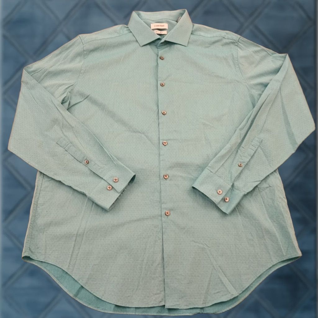 Calvin Klein Calvin Klein Shirt Mens XL Slim Blue Polka Dot Long Sleeve Button Up Stretch Size US XL / EU 56 / 4 - 1 Thumbnail