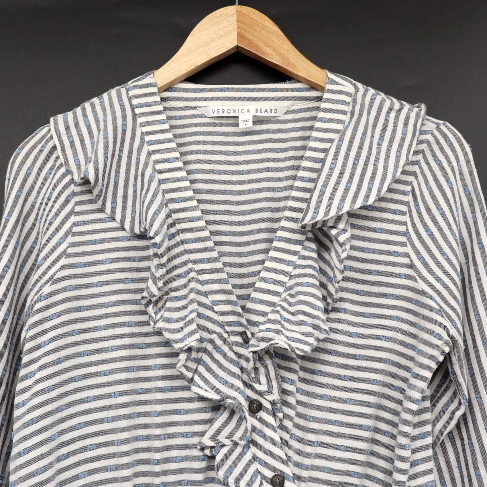 Veronica Beard VERONICA BEARD Dress Kai Ruffle Striped Blue Swiss Dot Long Sleeve Sz 6 Blue Womens Mini Dress Size M / US 6-8 / IT 42-44 - 4 Thumbnail