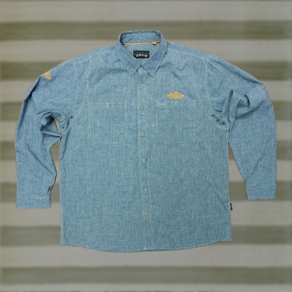 Orvis Orvis Sundance Mountain Resort Provo River Button-Up Shirt Mens XL Blue Embroidered Pocketed Satin Knit Front-Button Casual Size US XL / EU 56 / 4 - 1 Thumbnail