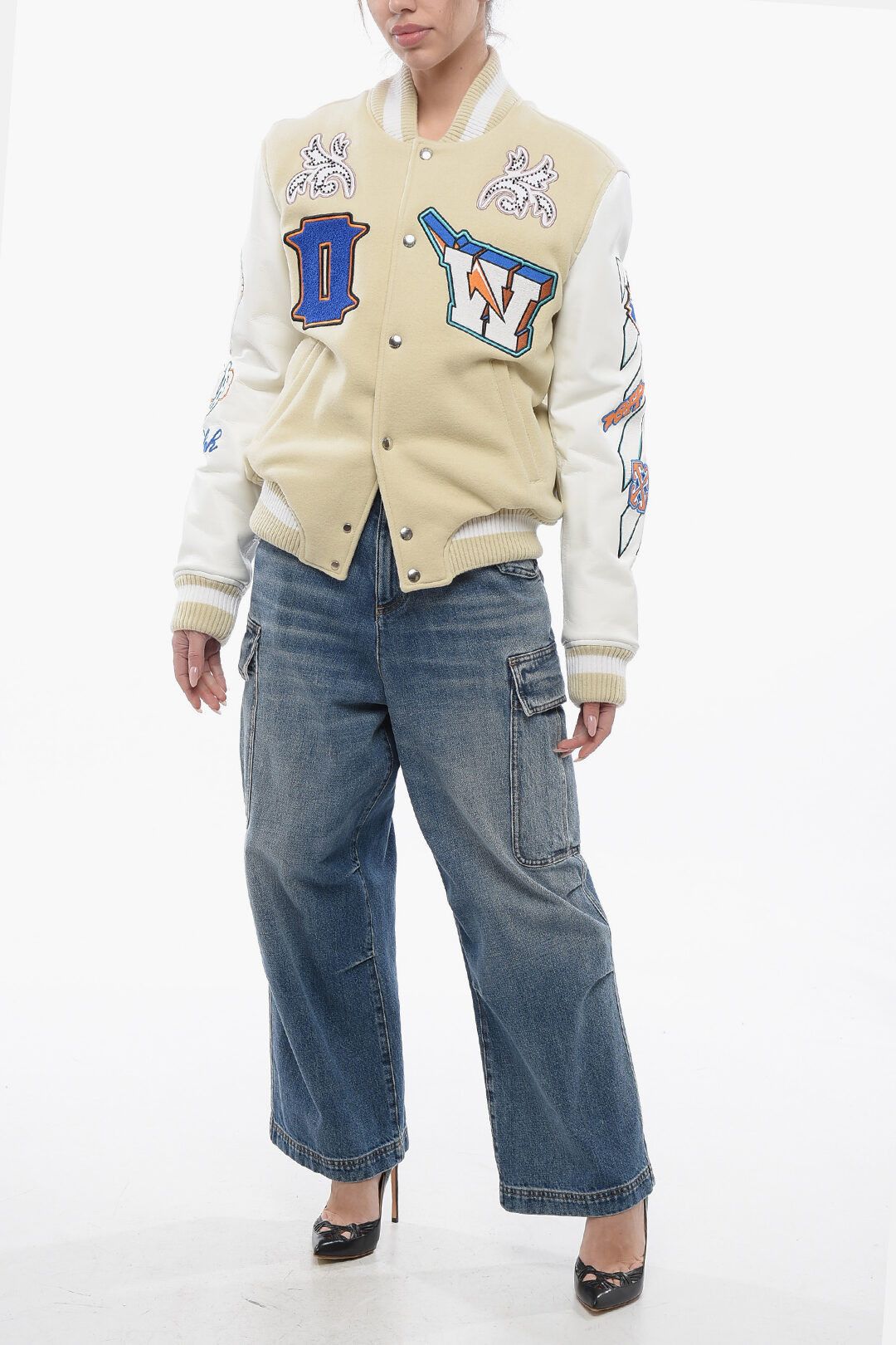 og1mm1125 Padded Thunderbolt Bomber Jacket in Beige/White