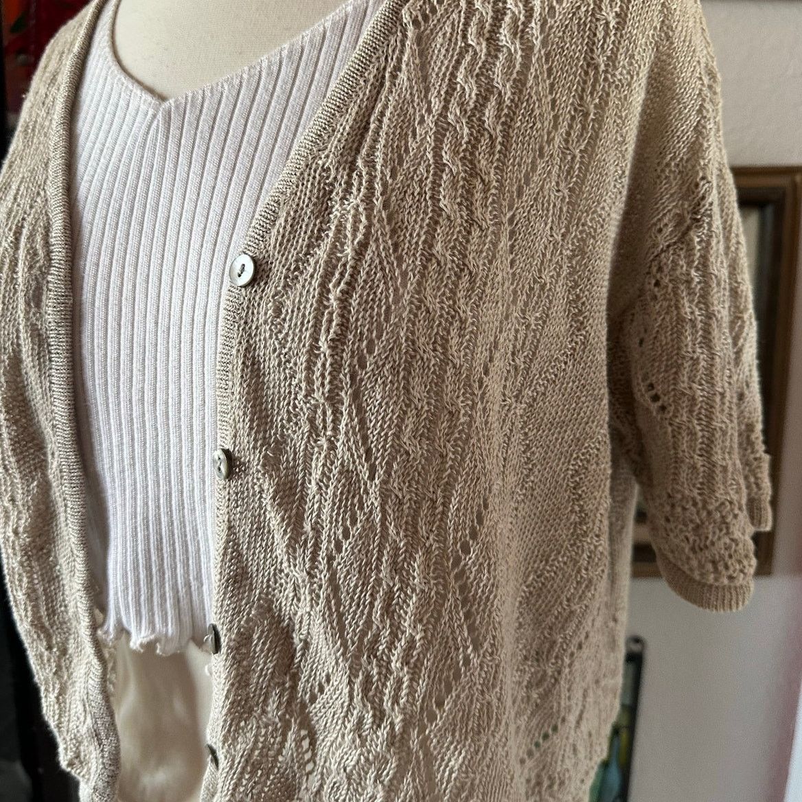 Ann Taylor ann taylor beige knit short sleeve cardigan Size L / US 10 / IT 46 - 2 Thumbnail