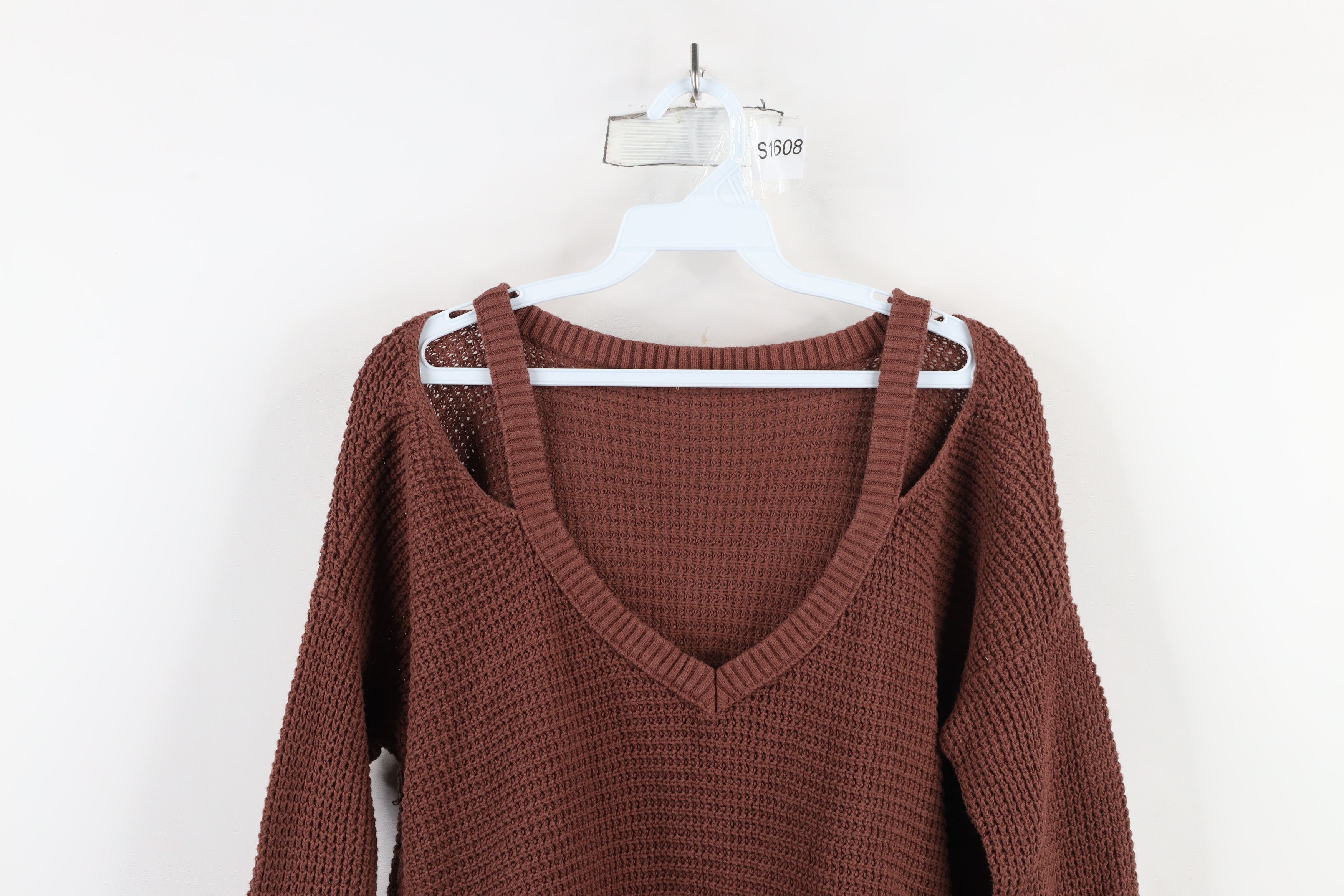 Free People × Vintage Free People Fringed Cold Shoulder Thermal Knit Sweater Brown Size L / US 10 / IT 46 - 2 Thumbnail