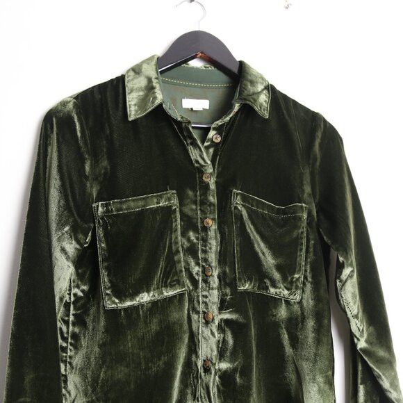 Anthropologie Pilcro Hadley Relaxed Buttondown Velvet Shirt Dark Green Size XXS / US 00 / IT 34 - 2 Thumbnail