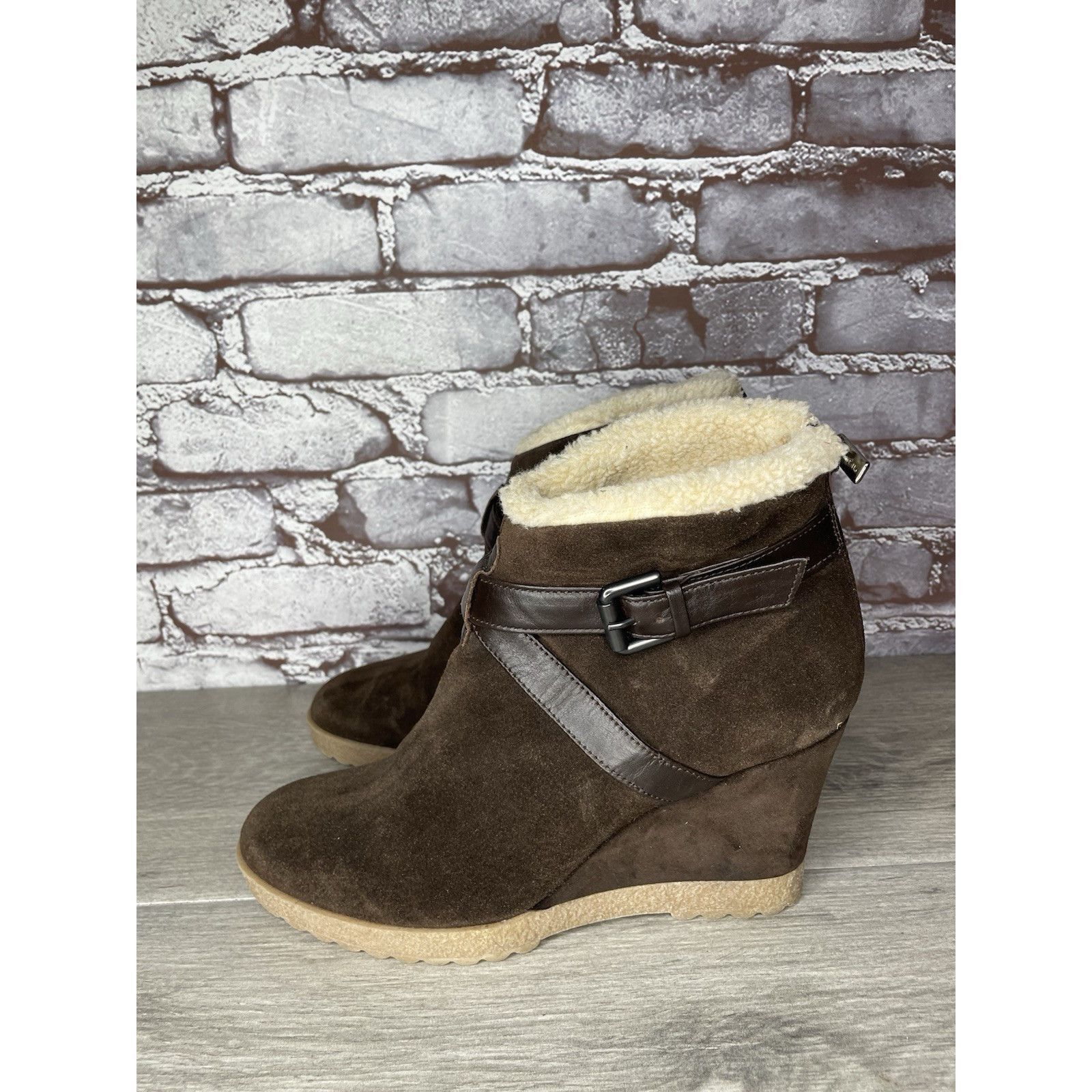 Aquatalia Aquatalia Brown Suede Faux Fur Strap Ankle Wedge Booties Wom Size US 10 / IT 40 - 19 Thumbnail