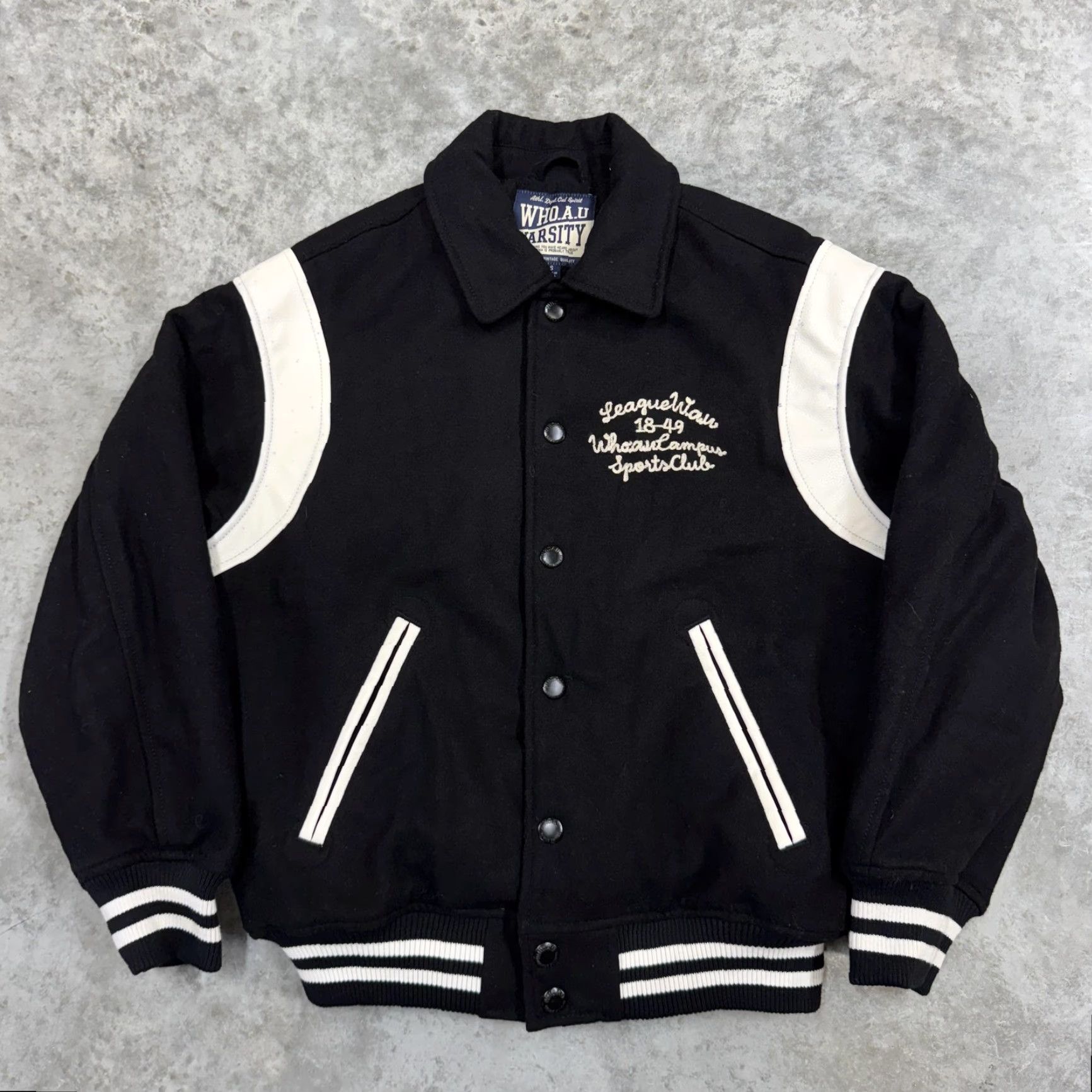 Vintage VINTAGE WHO.A.U Varsity Jacket Mens Small Black White Quilted Lined Snap Button Striped Shirt/Coat/Jacket Size US S / EU 44-46 / 1 - 2 Thumbnail