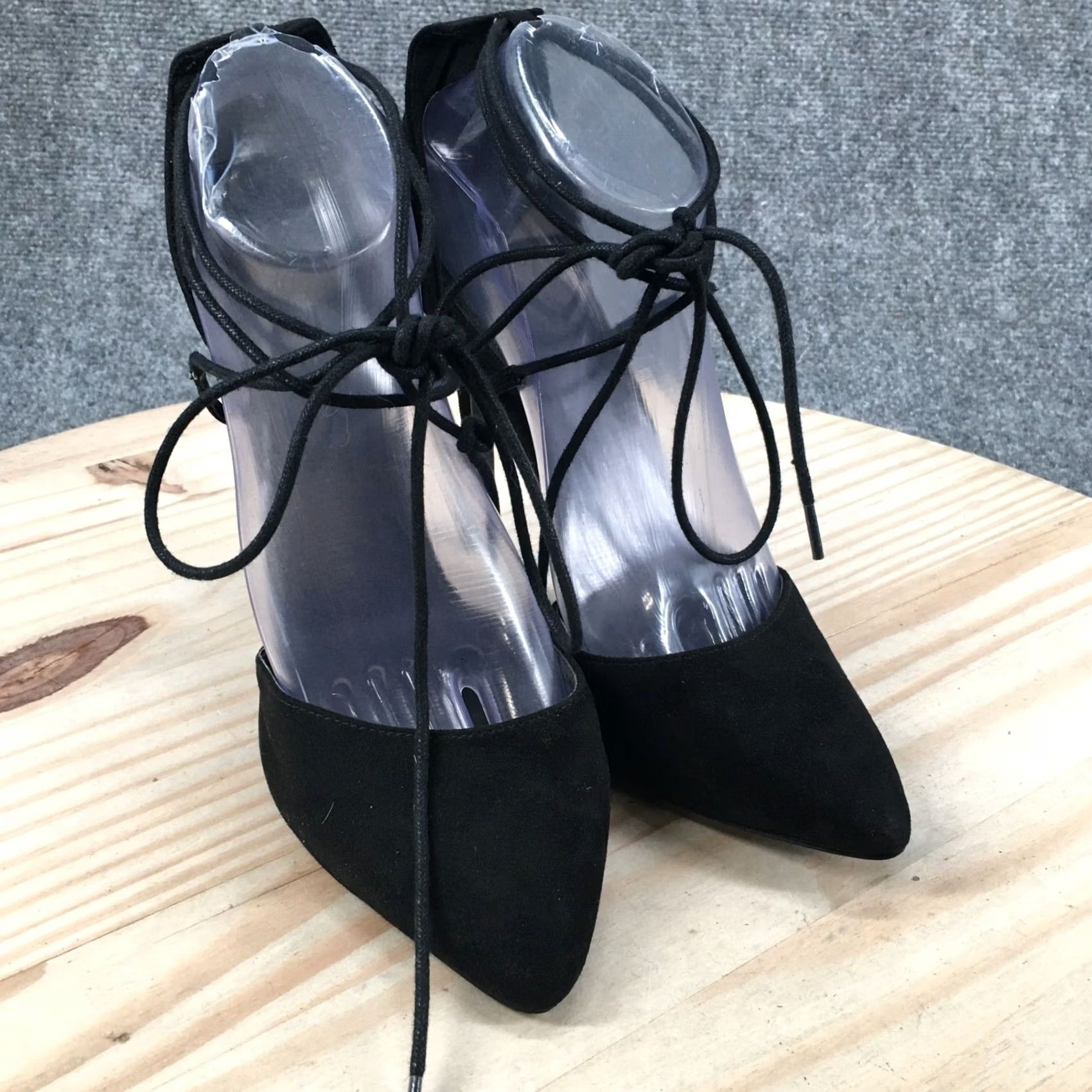 Vintage Charlotte Russe Carla D'Orsay Pump Womens 9 Black Lace Up Stiletto Heels Suede Shoes Size US 9 / IT 39 - 3 Thumbnail