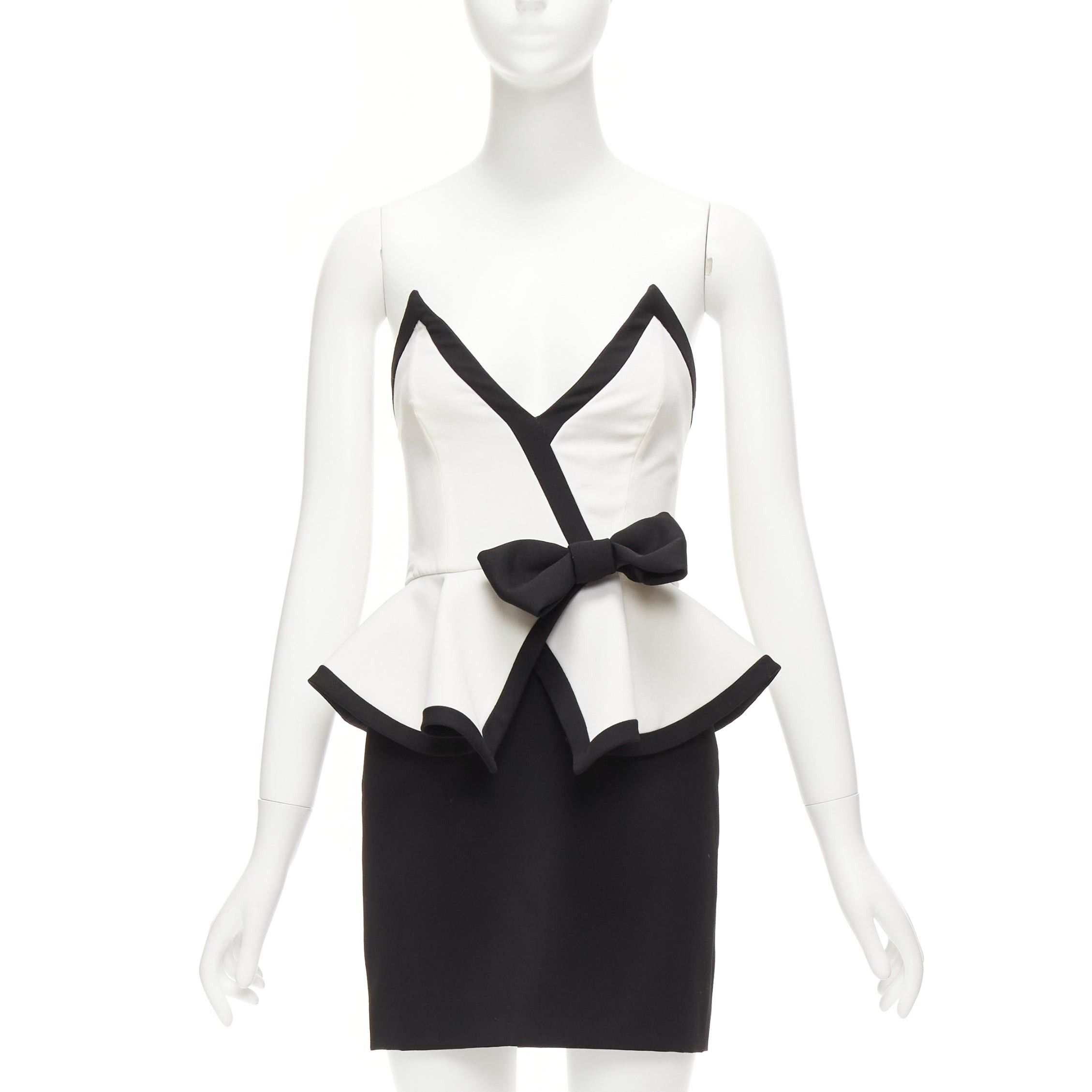 image of Alessandra Rich Black White Graphic Colorblocked Peplum Cocktail Dress It38 Xs, Women's