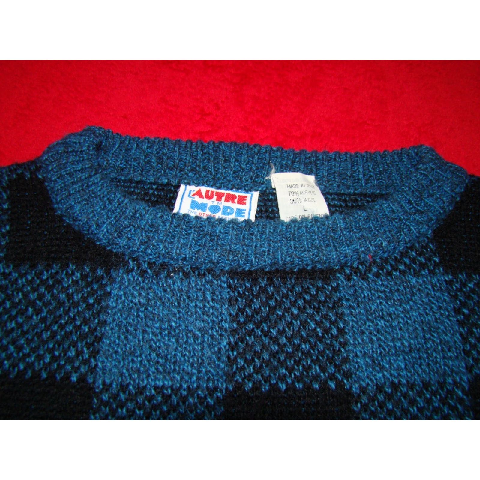 Vintage VINTAGE Le Autre Mode Mens Sweater Plaid Crew Neck Wool Acrylic Made In Italy Large Blues Black Pullover sweater Men 26" Length 22.5" Armpit to Armpit Size US L / EU 52-54 / 3 - 2 Thumbnail