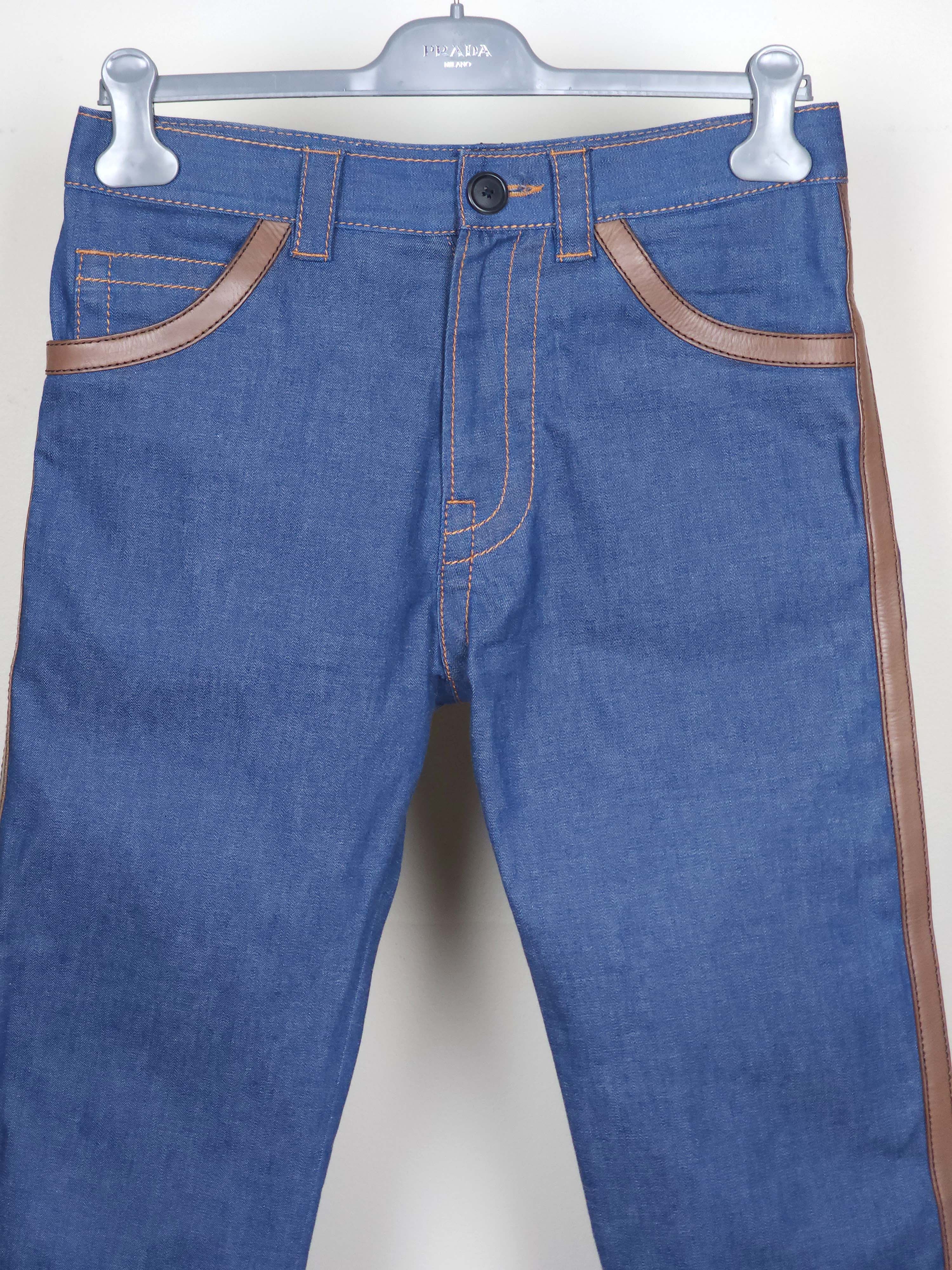 Prada S/S 2015 Unisex Brown Leather Trimmed Blue Jeans Pants Size US 31 - 5 Thumbnail
