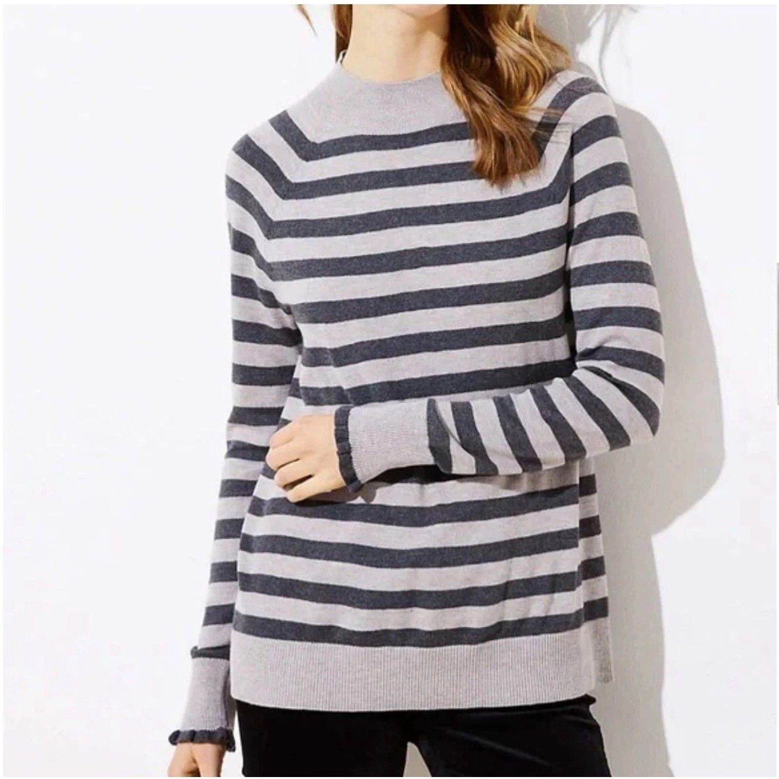 Loft Striped Ruffle Cuff Mock Neck Sweater in size Small MSRP $55 Size S / US 4 / IT 40 - 1 Thumbnail