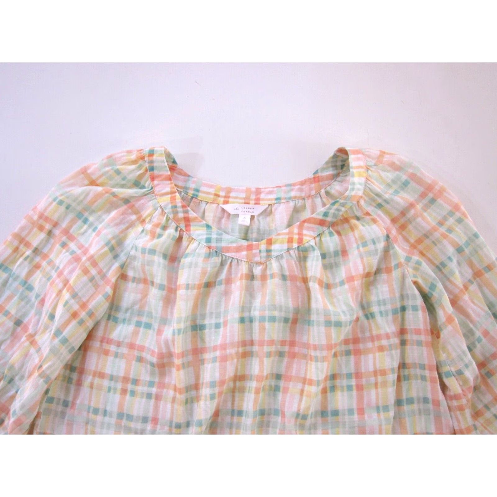Lauren Conrad Lauren Conrad Plaid Blouse 3/4 Sleeve Tunic Green S Womens V-Neck White Pink Size S / US 4 / IT 40 - 3 Thumbnail