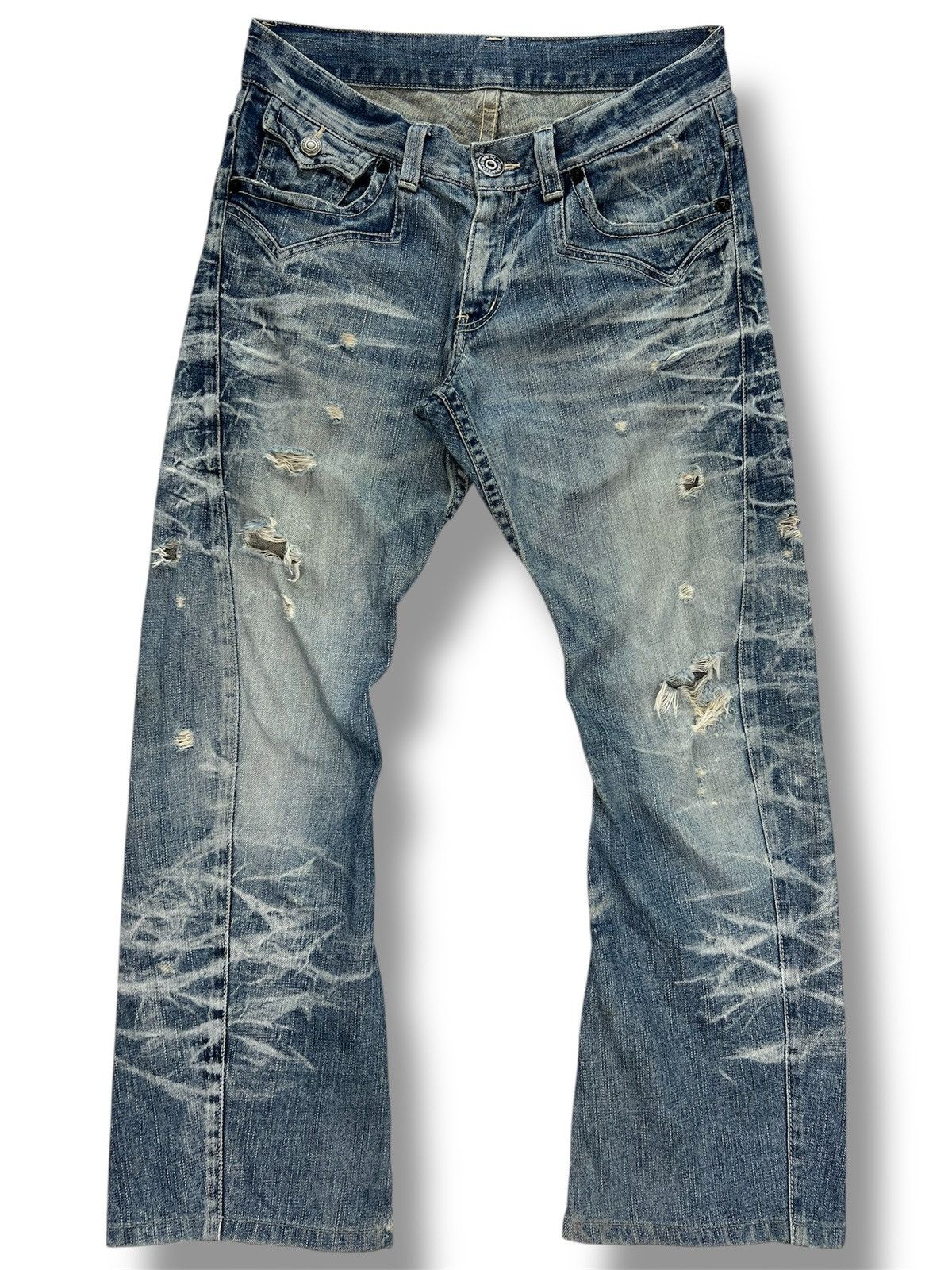 Japanese Brand Rattle Trap Crazy Trashed & Destroyed Flare Denim Size US 32 / EU 48 - 1 Thumbnail