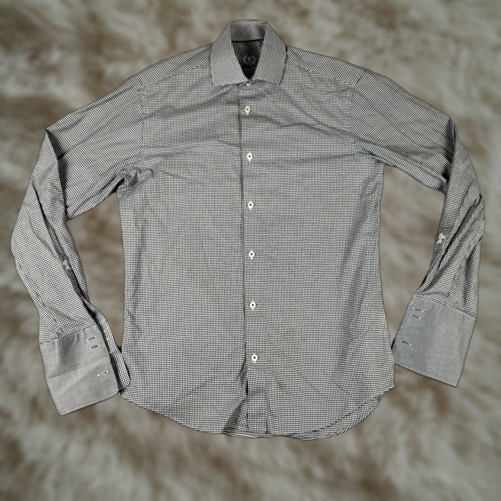 BUGATCHI VINTAGE Bugatchi Uomo Dress Shirt Mens Size 15.5 Long Sleeve Gray Geometric Cotton Business Casual Formal Size 40R - 1 Thumbnail