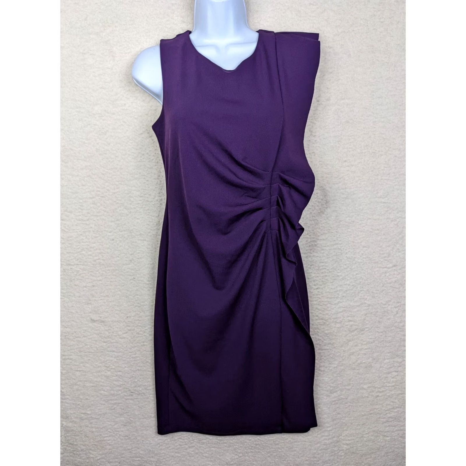 Vintage En Focus Studio Dress Cap Sleeve Purple Ruched A-Line Size 6 Womens Business Casual Knee Length Baroque Velvet? Size M / US 6-8 / IT 42-44 - 2 Thumbnail