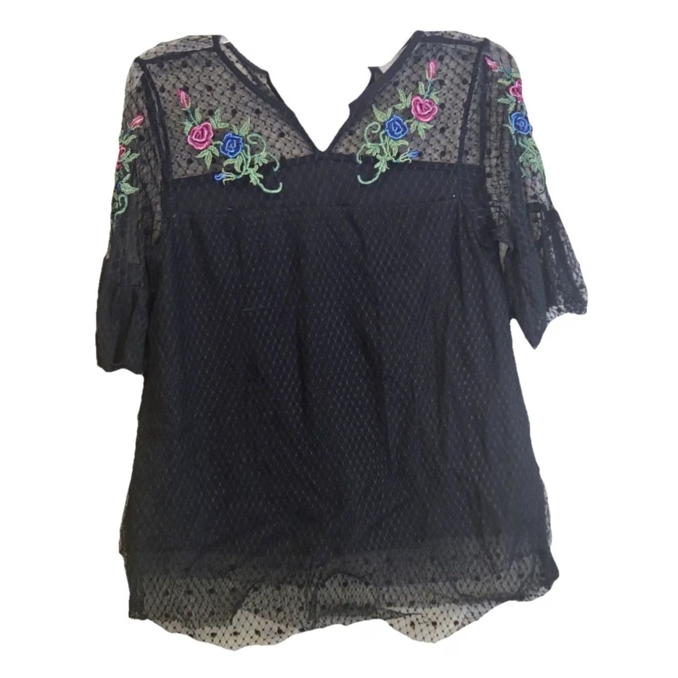 Vintage Valerie Stevens Blouse Puff Sleeve Floral Lace Embroidered Black S Women Regular Size S / US 4 / IT 40 - 2 Thumbnail