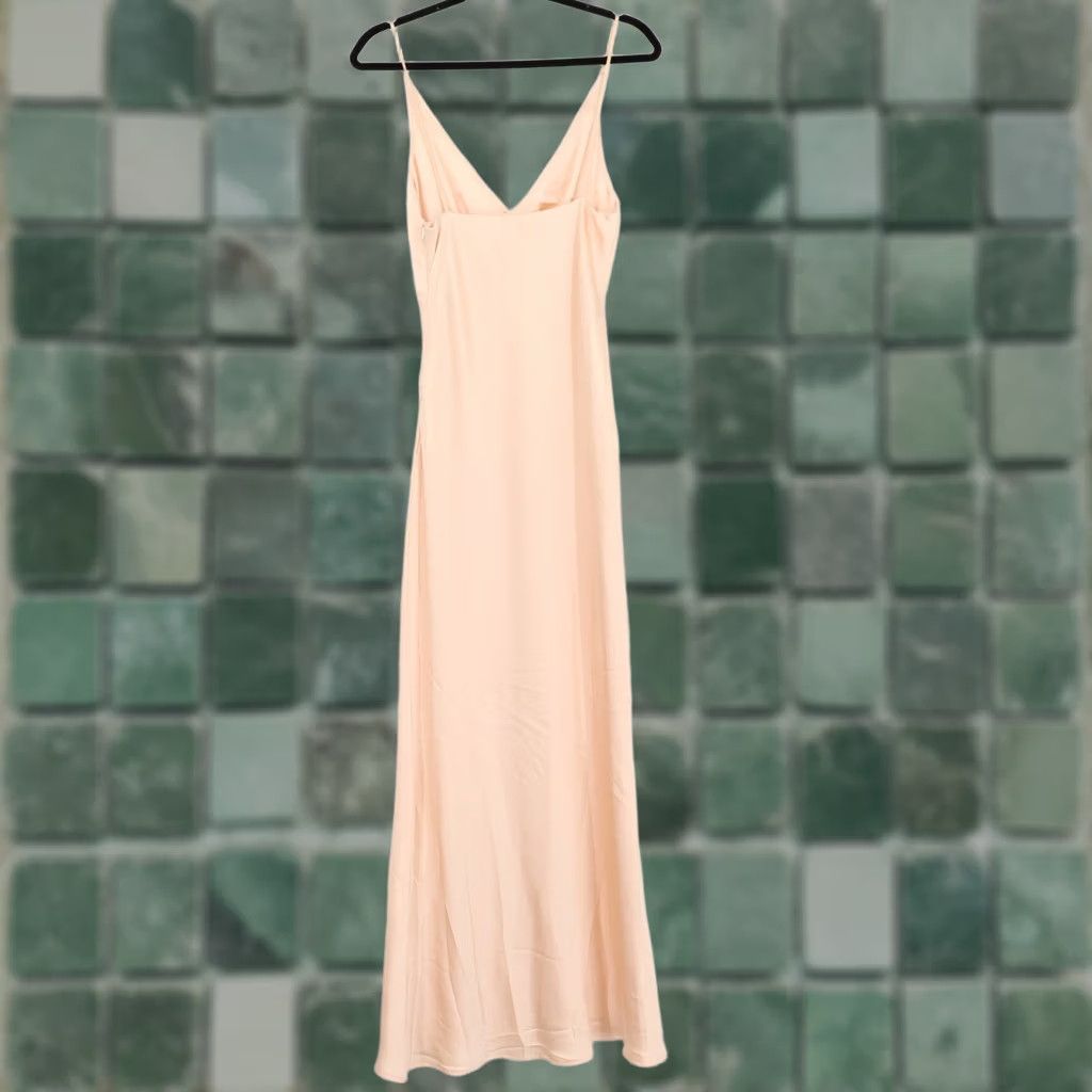 Vintage Billy J Maxi Dress Ziah Champagne Pink V-Neck Ruched Bust 8 Womens Dress Spring Summer Formal Wedding Guest Sleeveless Spaghetti Straps Long Size M / US 6-8 / IT 42-44 - 1 Thumbnail