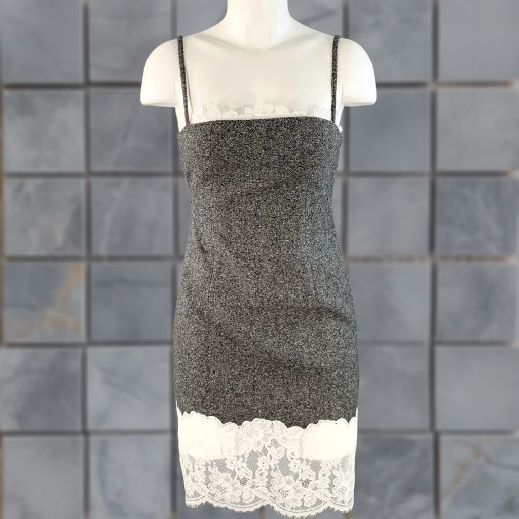 Vintage MARK GONG Size 0 Grey White Wool Blend Tweed Spaghetti Straps Lace Trim Dress Size XS / US 0-2 / IT 36-38 - 1 Thumbnail