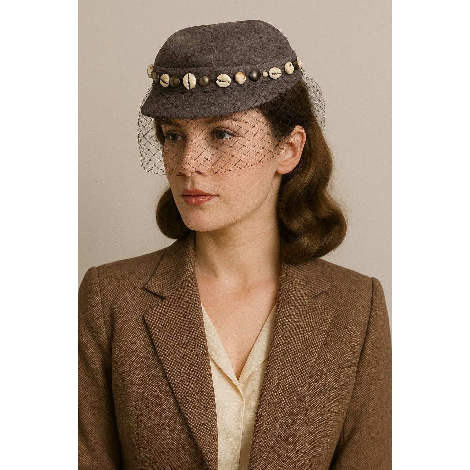 Vintage Genuine Velour Gray Hat with Veil & Beaded Trim 22