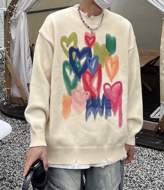 Retro rainbow heart ripped distressed knitwear sweater