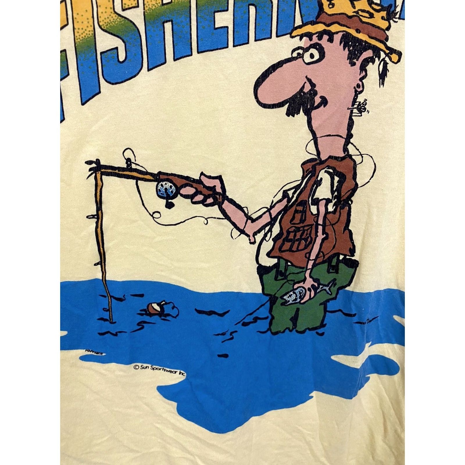 Vintage VTG 80s The Fisherman Novelty Thin Burnout Bold Graphic T-Shirt XL Men Yellow Short Sleeve Shirt Mens Booled? Size US XL / EU 56 / 4 - 3 Thumbnail