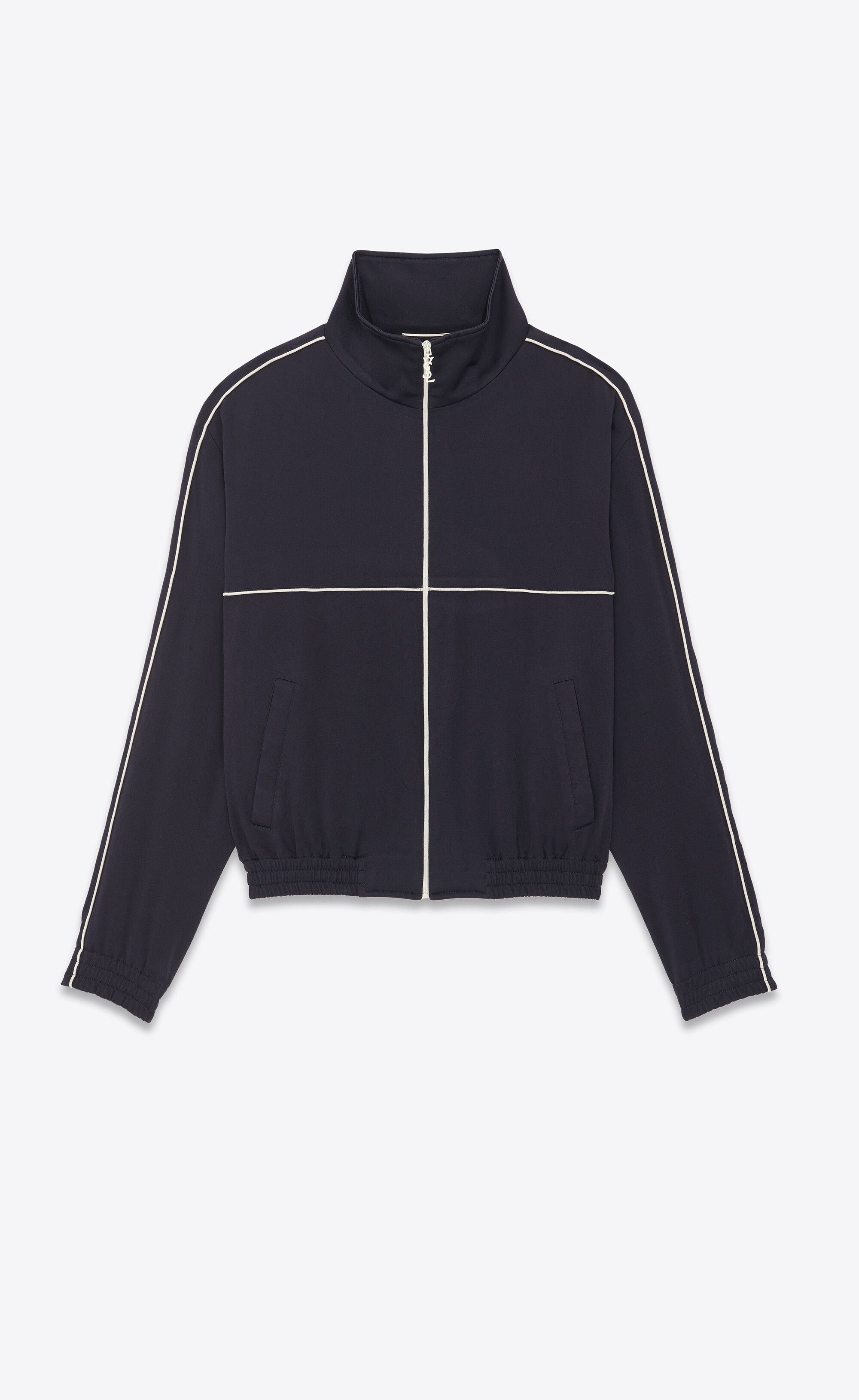Saint Laurent Paris o1s1wg110225 733679 Teddy Jacket Crepe Satin Navy/White Size US M / EU 48-50 / 2 - 1 Thumbnail