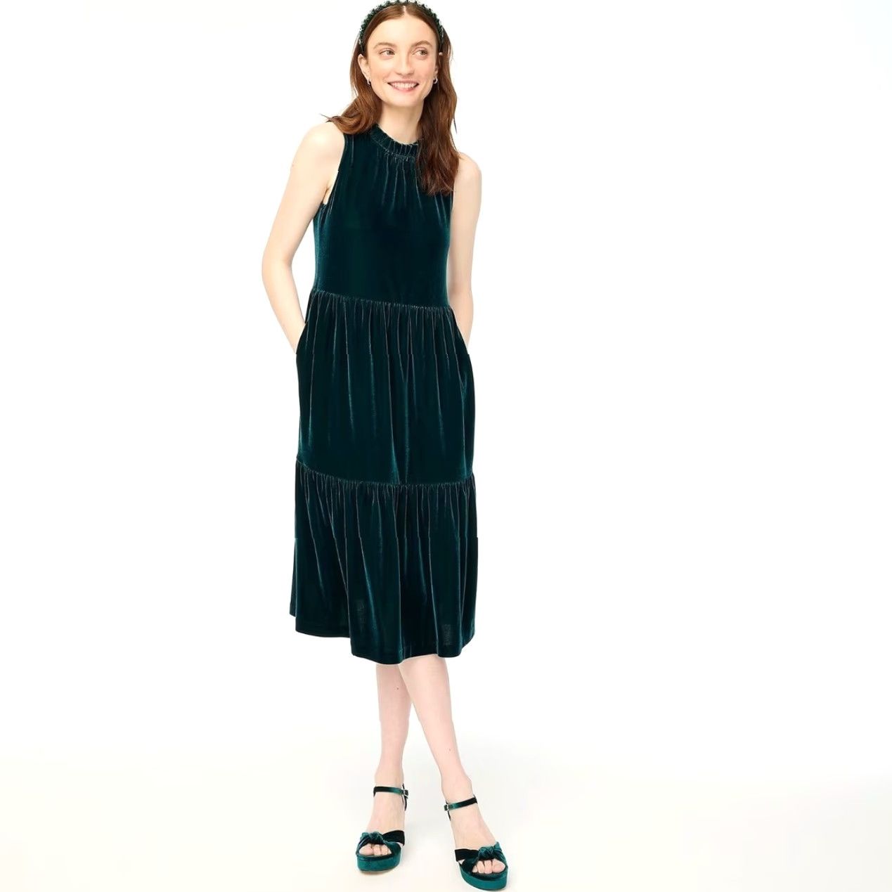 J.Crew J.Crew Factory Velvet Sleeveless Tiered Midi Dress Women 8 Green Ruffle Neck NWT Size M / US 6-8 / IT 42-44 - 2 Thumbnail