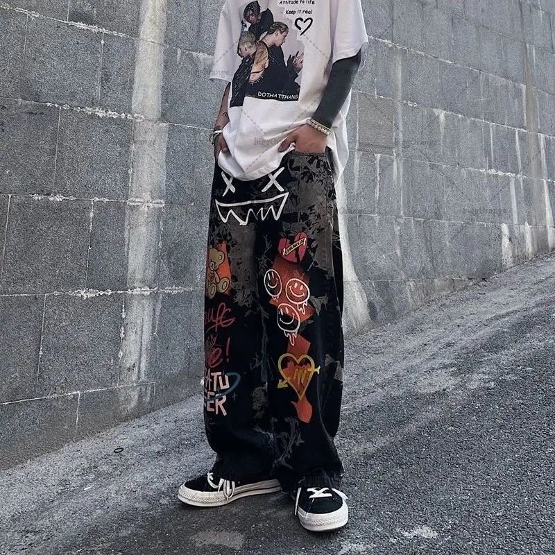 Designer × Japanese Brand Straight Wide Leg Pants Graffiti Print Casual Jeans Y2k Size US 32 / EU 48 - 3 Thumbnail