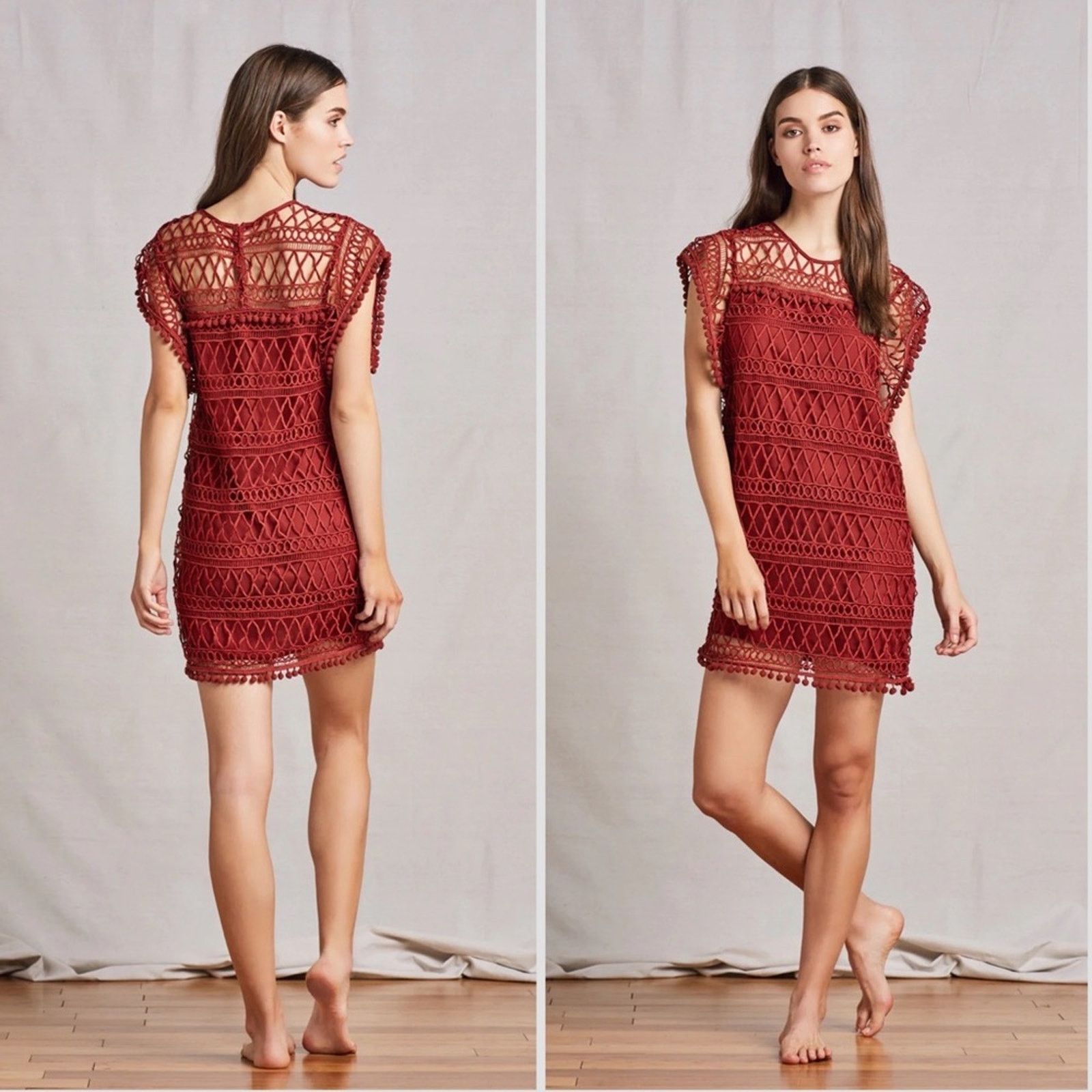 Nordstrom NEW TULAROSA Red Burgundy Clayton Lace Pom Tunic Mini Dress Grailed