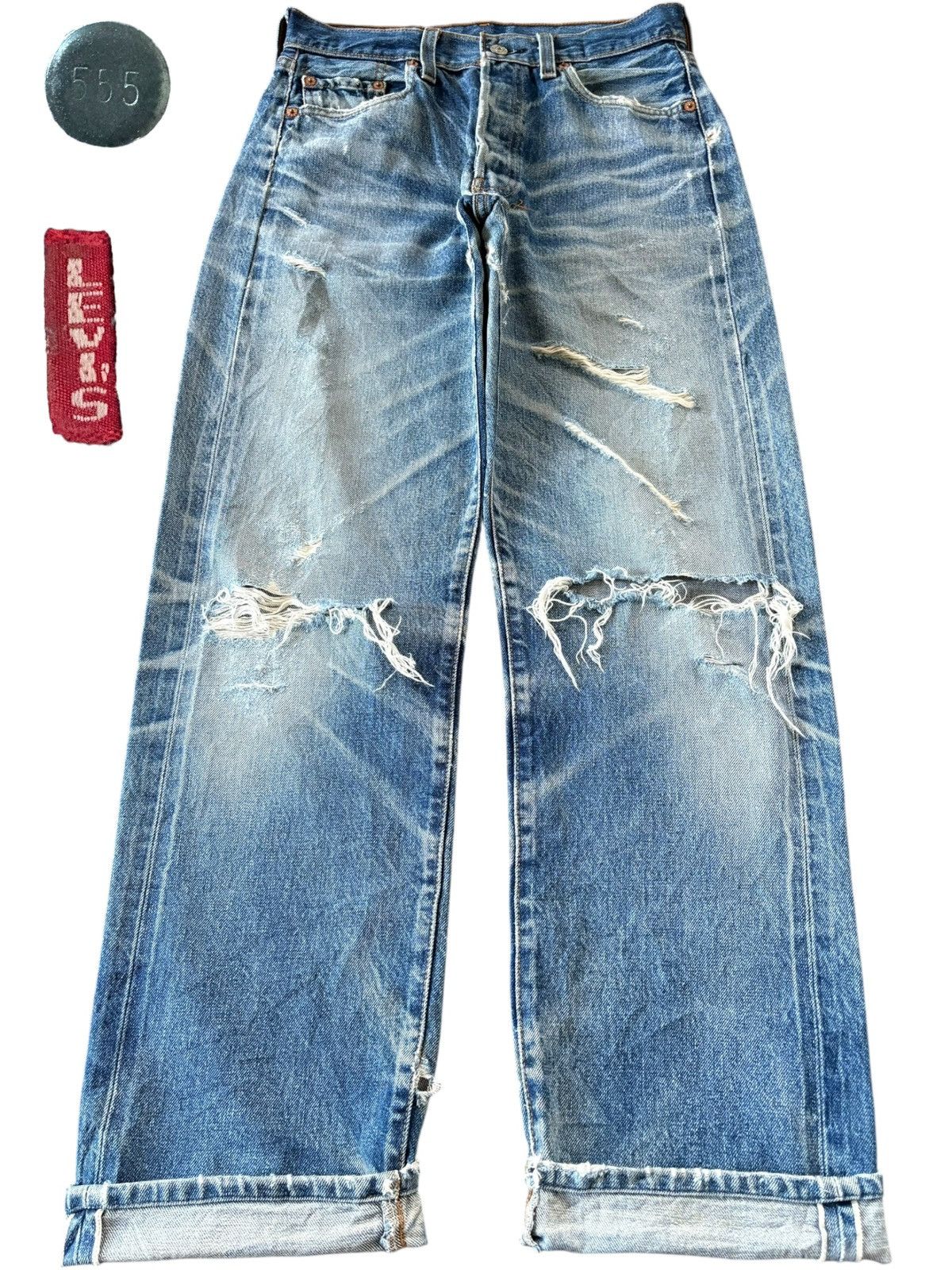 Levi's Vintage 90s Levis 501 Big E Selvedge Distress Baggy Jeans Size US 29 - 1 Thumbnail