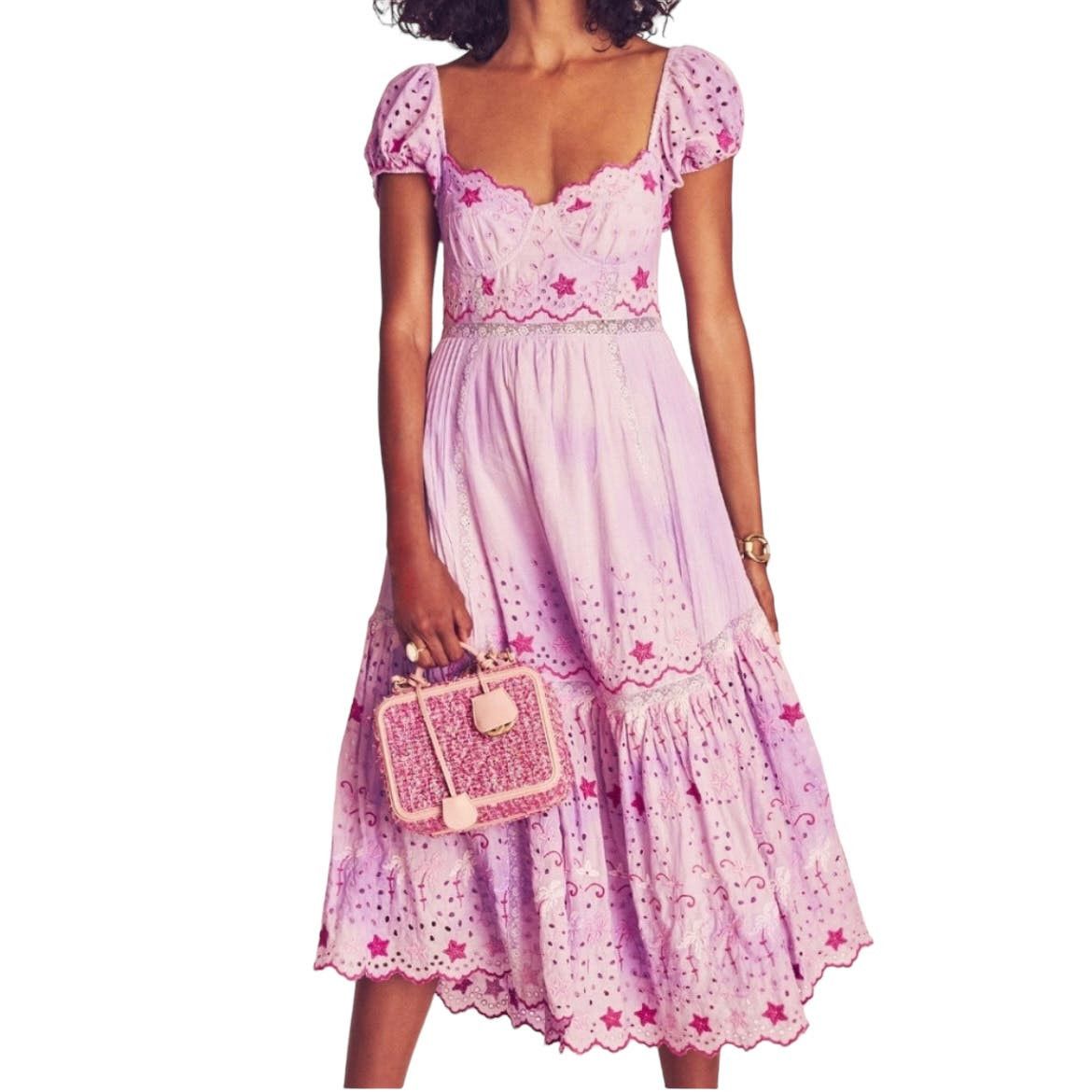 image of Loveshackfancy Embroidered Pink Floral Magena Midi Dress, Women's (Size Large)